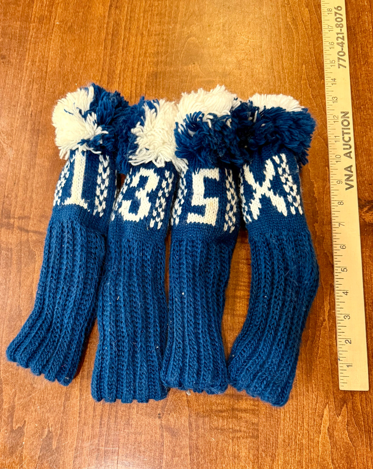 Vintage Knit Set of Blue & White Pom-Pom Golf Club Covers 1,3,5,X