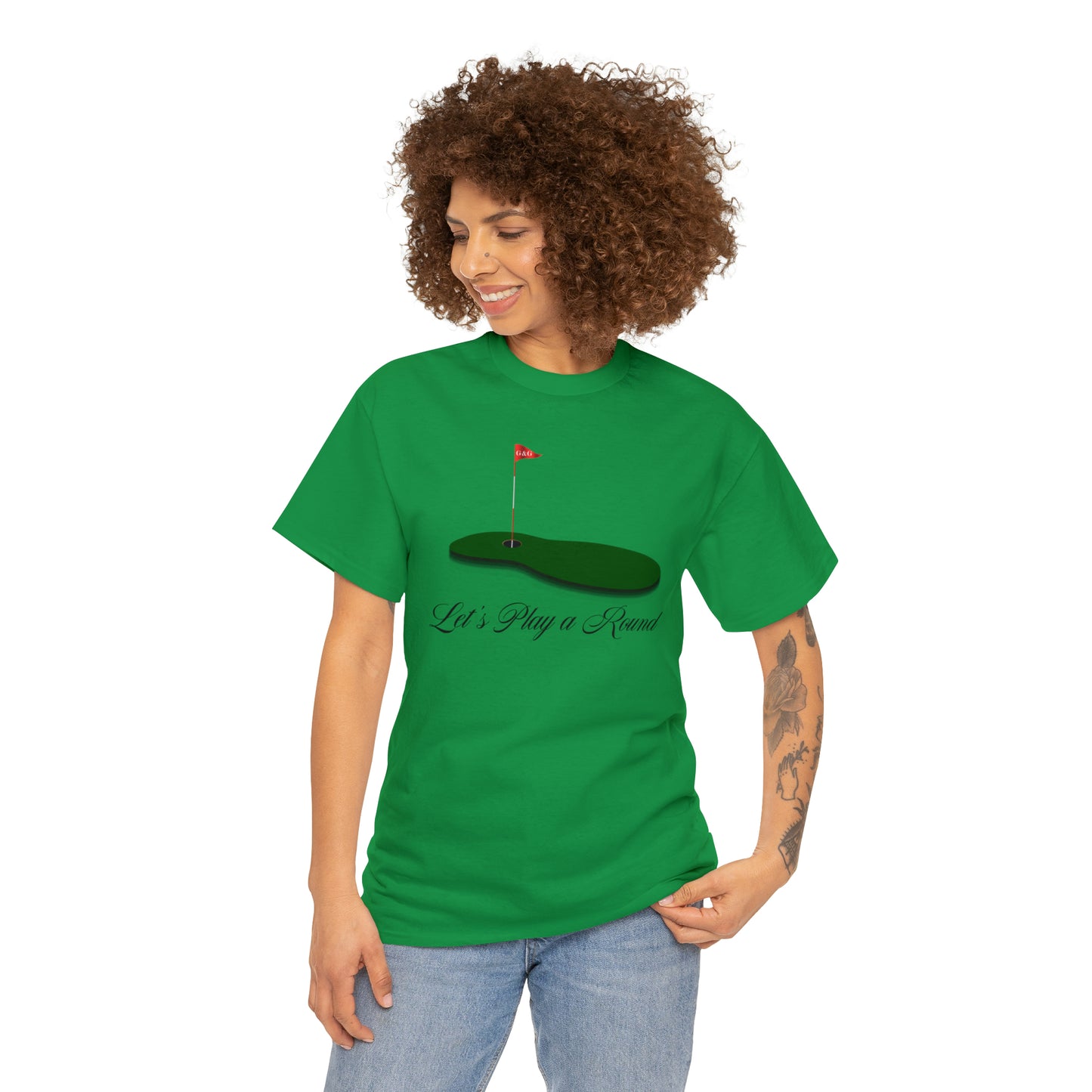 "Let's Play a Round" Front/Logo Back on Your Color of Choice Unisex Heavy Cotton Tee