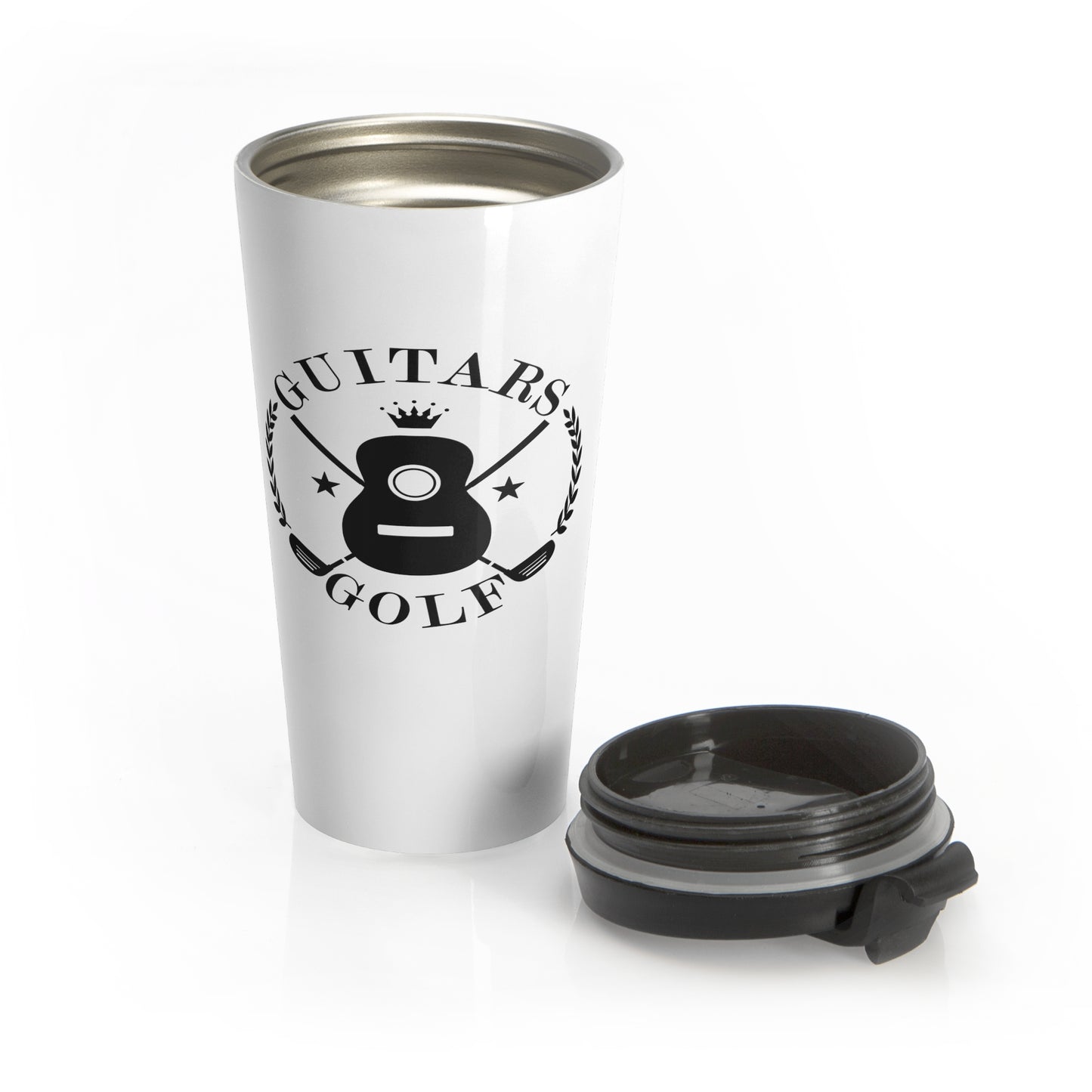 "Guitars and Golf" Black Logo on White Stainless Steel Travel Mug