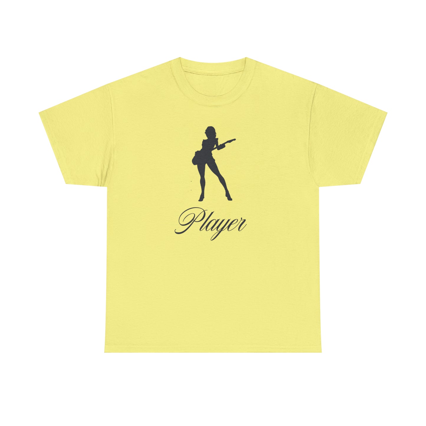 "Player" Guitar Girl, Black Front/Logo Back on Your Color of Choice Unisex Heavy Cotton Tee