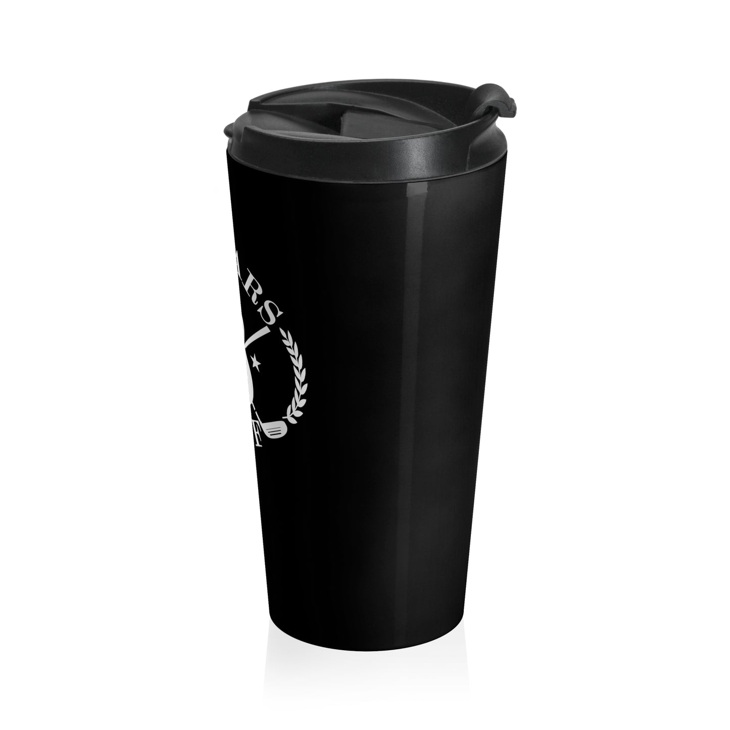 "Guitars and Golf" White Logo on Black Stainless Steel Travel Mug