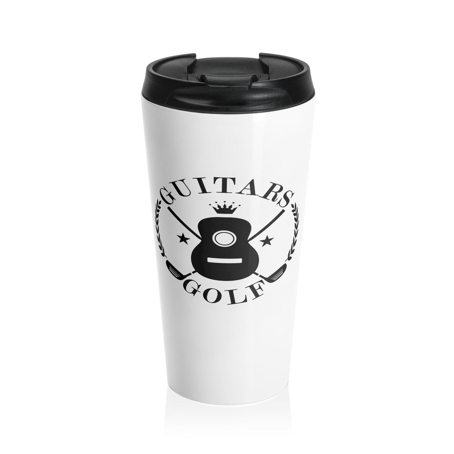 "Guitars and Golf" Black Logo on White Stainless Steel Travel Mug