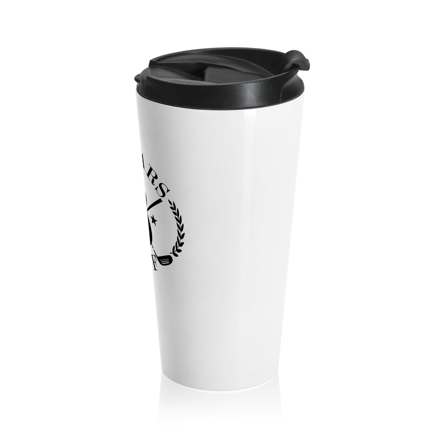 "Guitars and Golf" Black Logo on White Stainless Steel Travel Mug