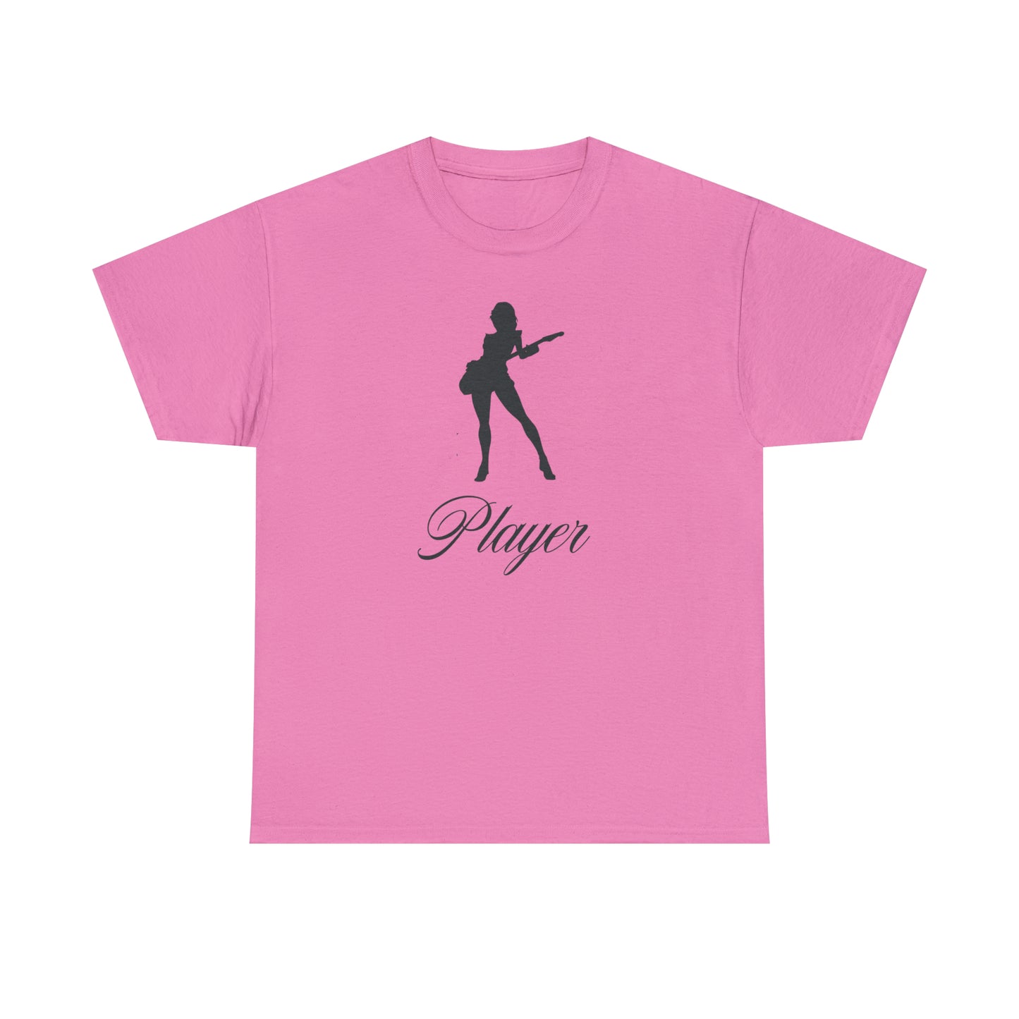 "Player" Guitar Girl, Black Front/Logo Back on Your Color of Choice Unisex Heavy Cotton Tee