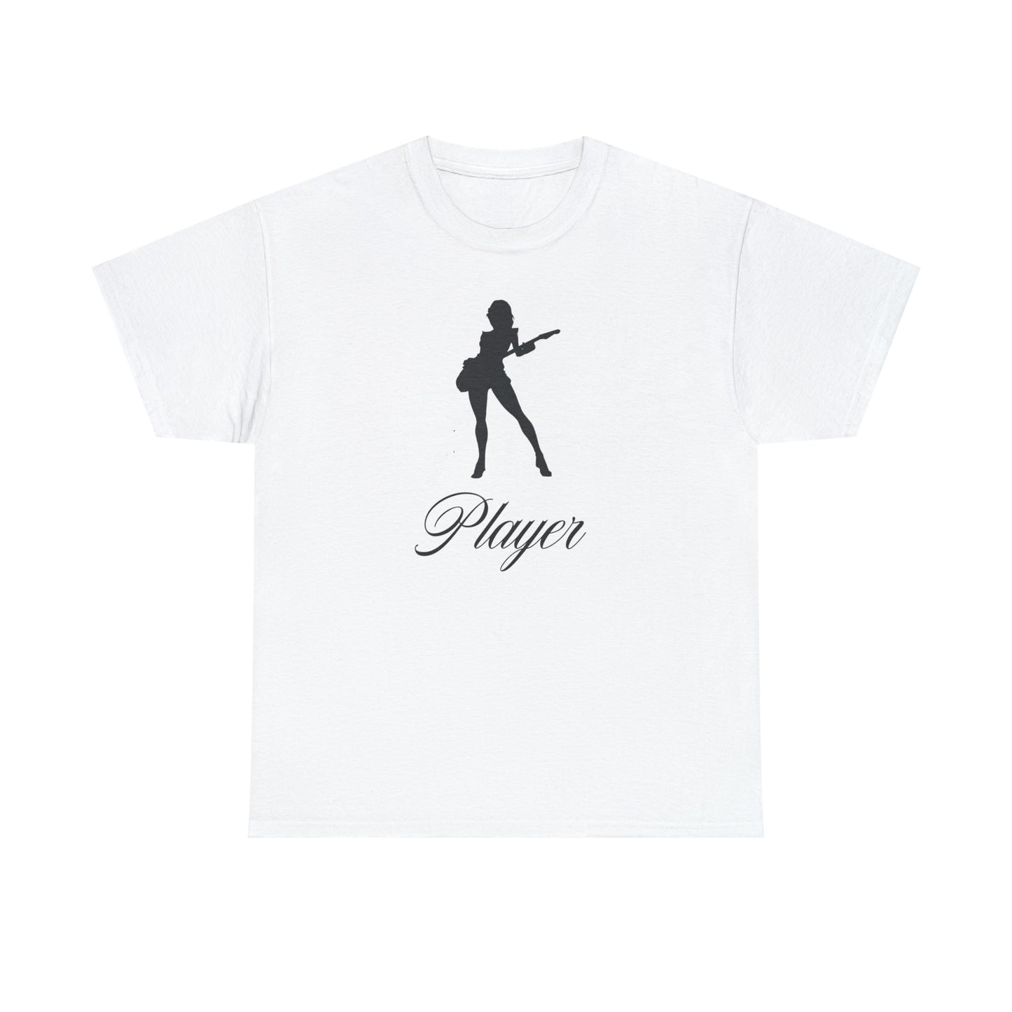 "Player" Guitar Girl, Black Front/Logo Back on Your Color of Choice Unisex Heavy Cotton Tee