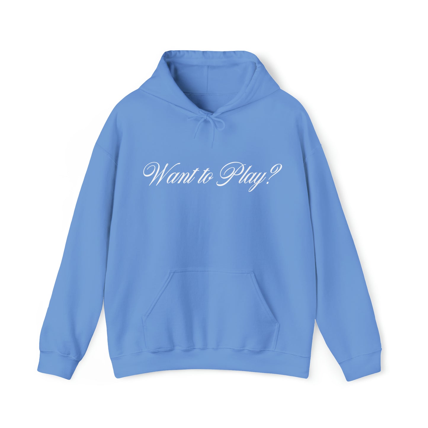 "Want to Play?" White Front/Logo Back on Your Color Choice Unisex Heavy Blend™ Hooded Sweatshirt