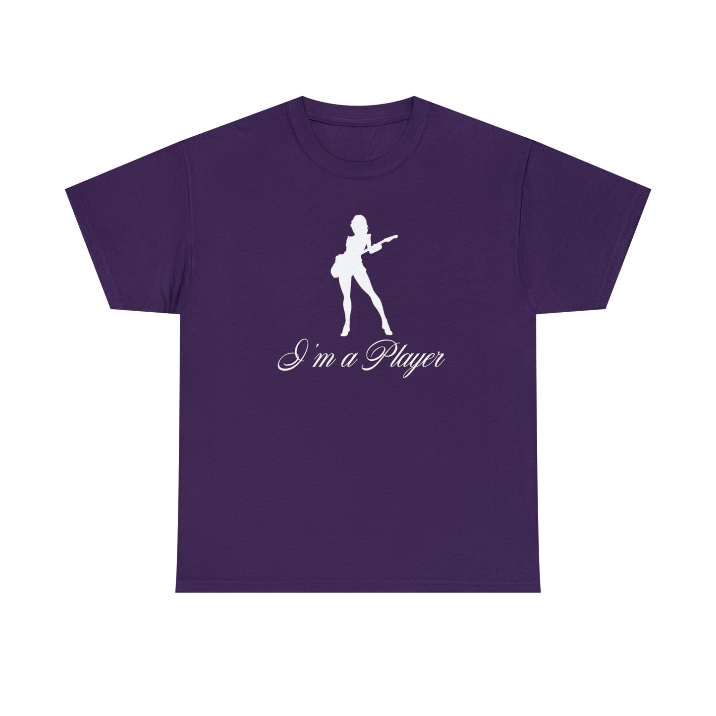 "I'm a Player" Guitar Girl, White Front/Logo Back on Your Color of Choice Unisex Heavy Cotton Tee