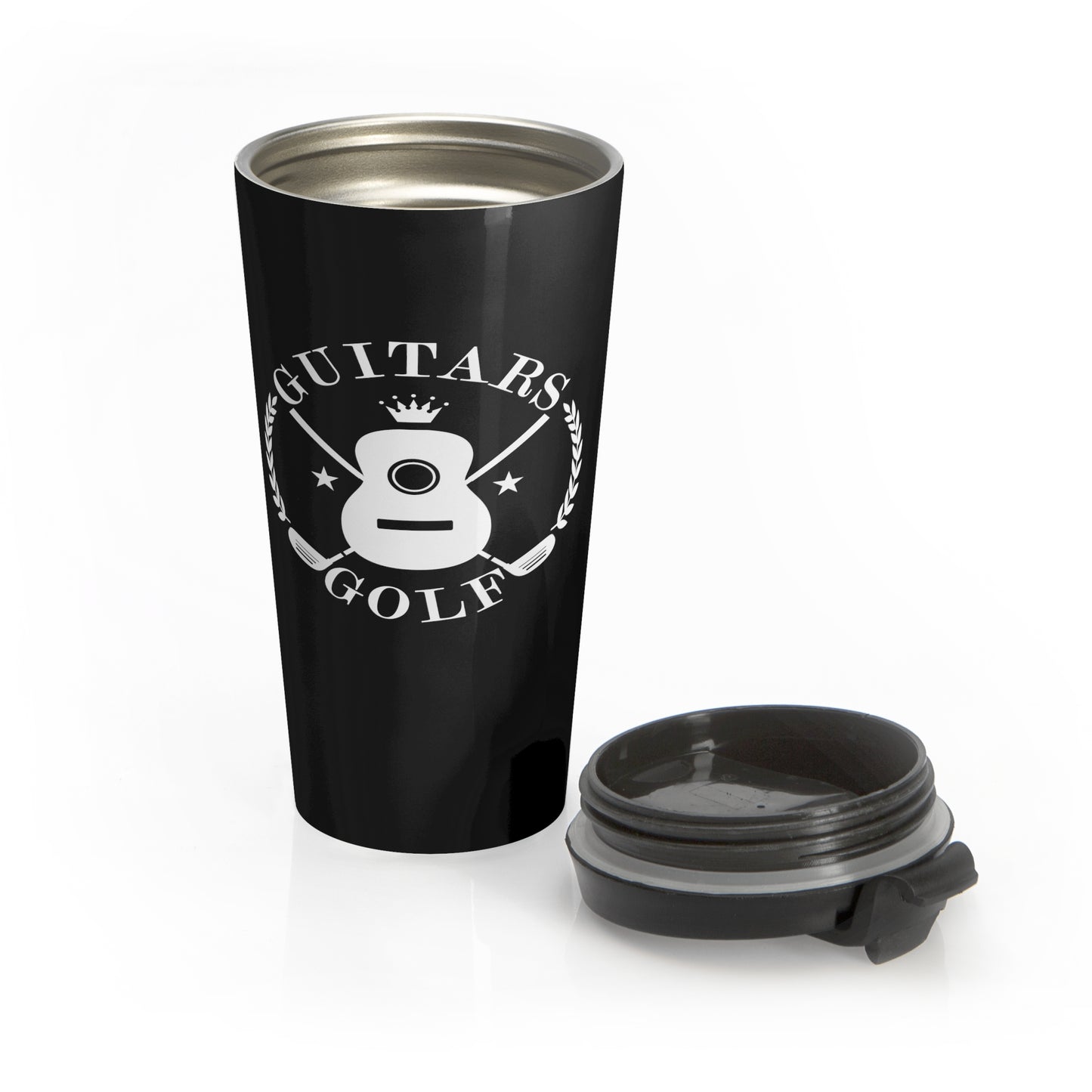 "Guitars and Golf" White Logo on Black Stainless Steel Travel Mug