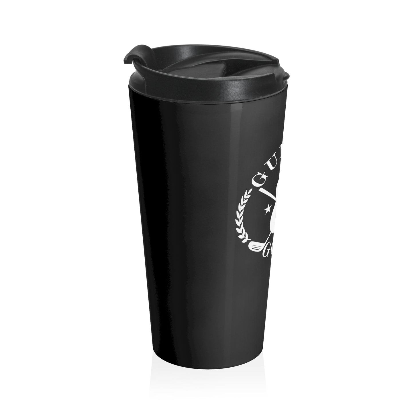 "Guitars and Golf" White Logo on Black Stainless Steel Travel Mug