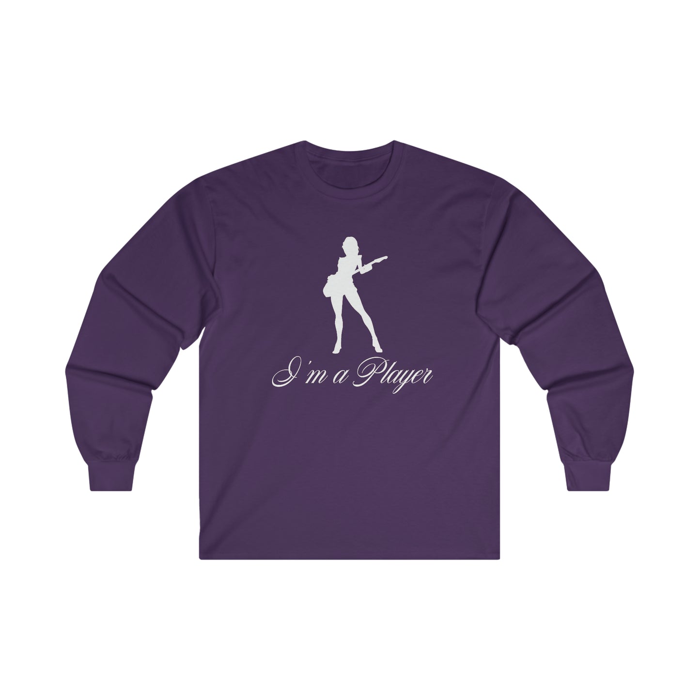 "I'm a Player" Guitar Girl White Front/Logo Back on Your Color Choice Ultra Cotton Long Sleeve Tee