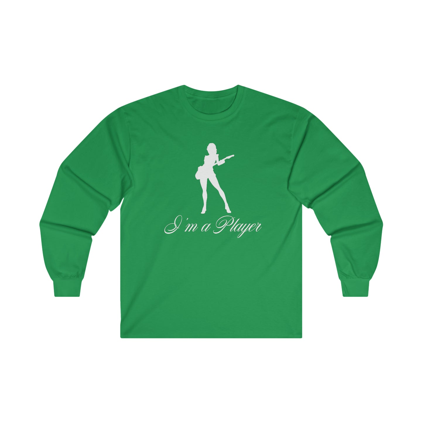 "I'm a Player" Guitar Girl White Front/Logo Back on Your Color Choice Ultra Cotton Long Sleeve Tee