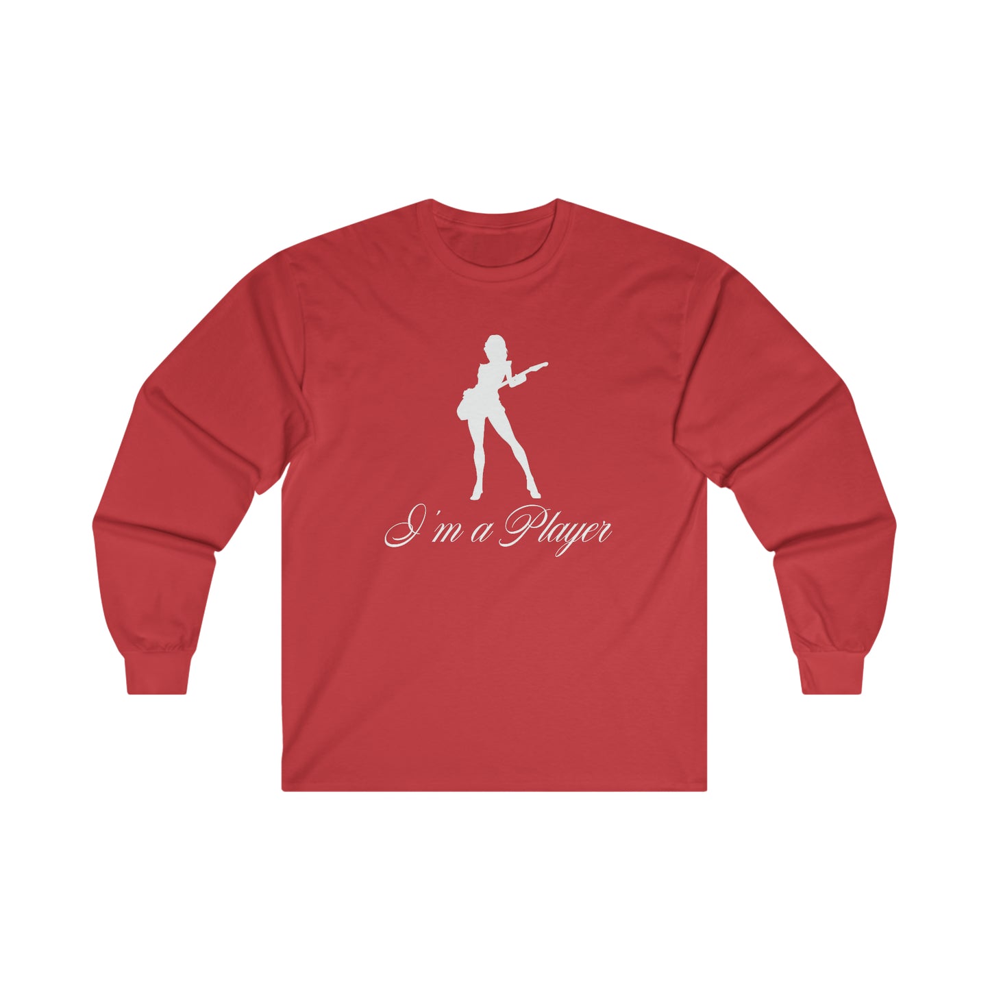 "I'm a Player" Guitar Girl White Front/Logo Back on Your Color Choice Ultra Cotton Long Sleeve Tee