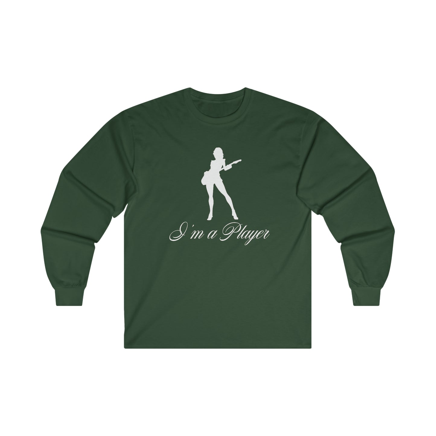 "I'm a Player" Guitar Girl White Front/Logo Back on Your Color Choice Ultra Cotton Long Sleeve Tee