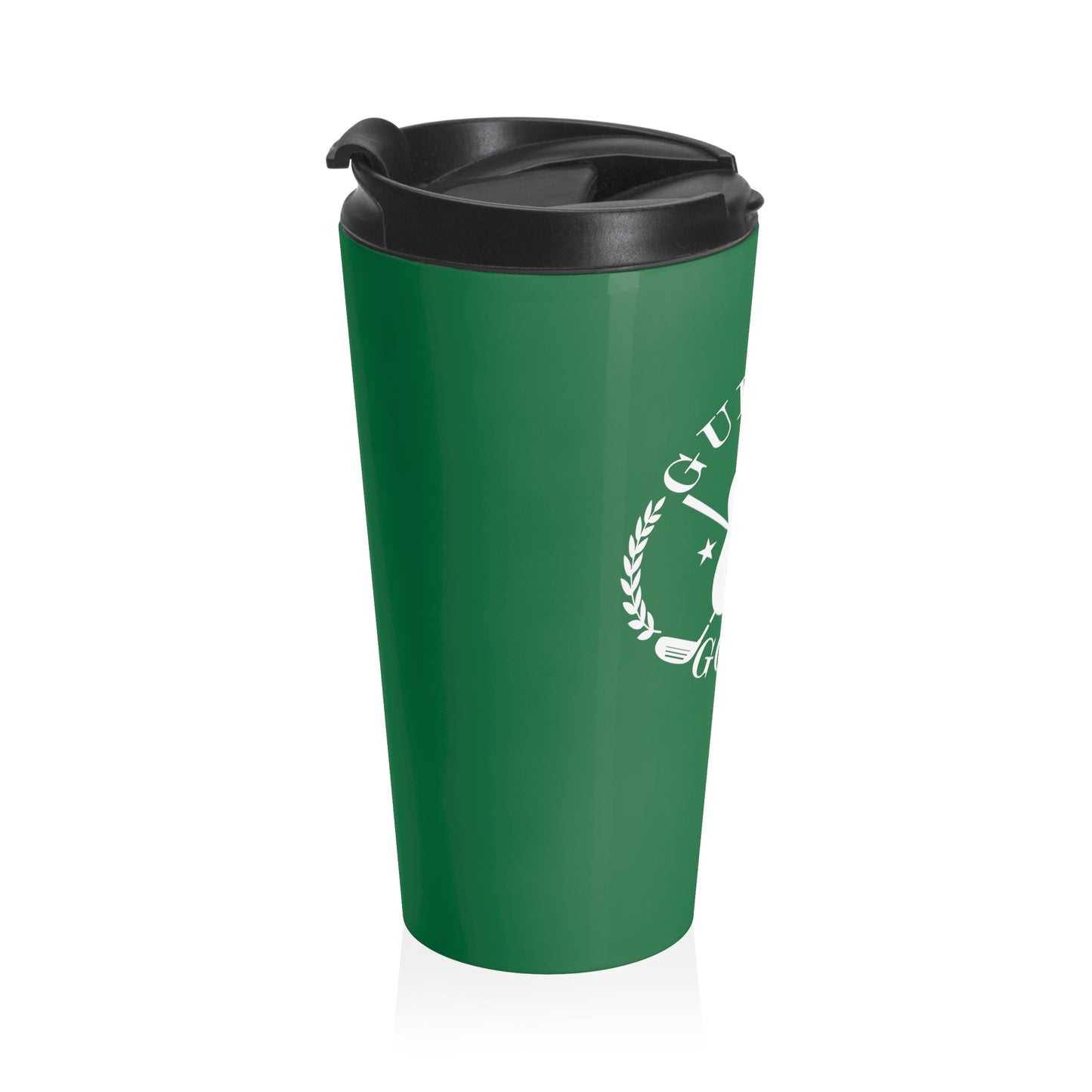 "Guitars and Golf" White Logo Stainless Steel Travel Mug Color of Your Choice