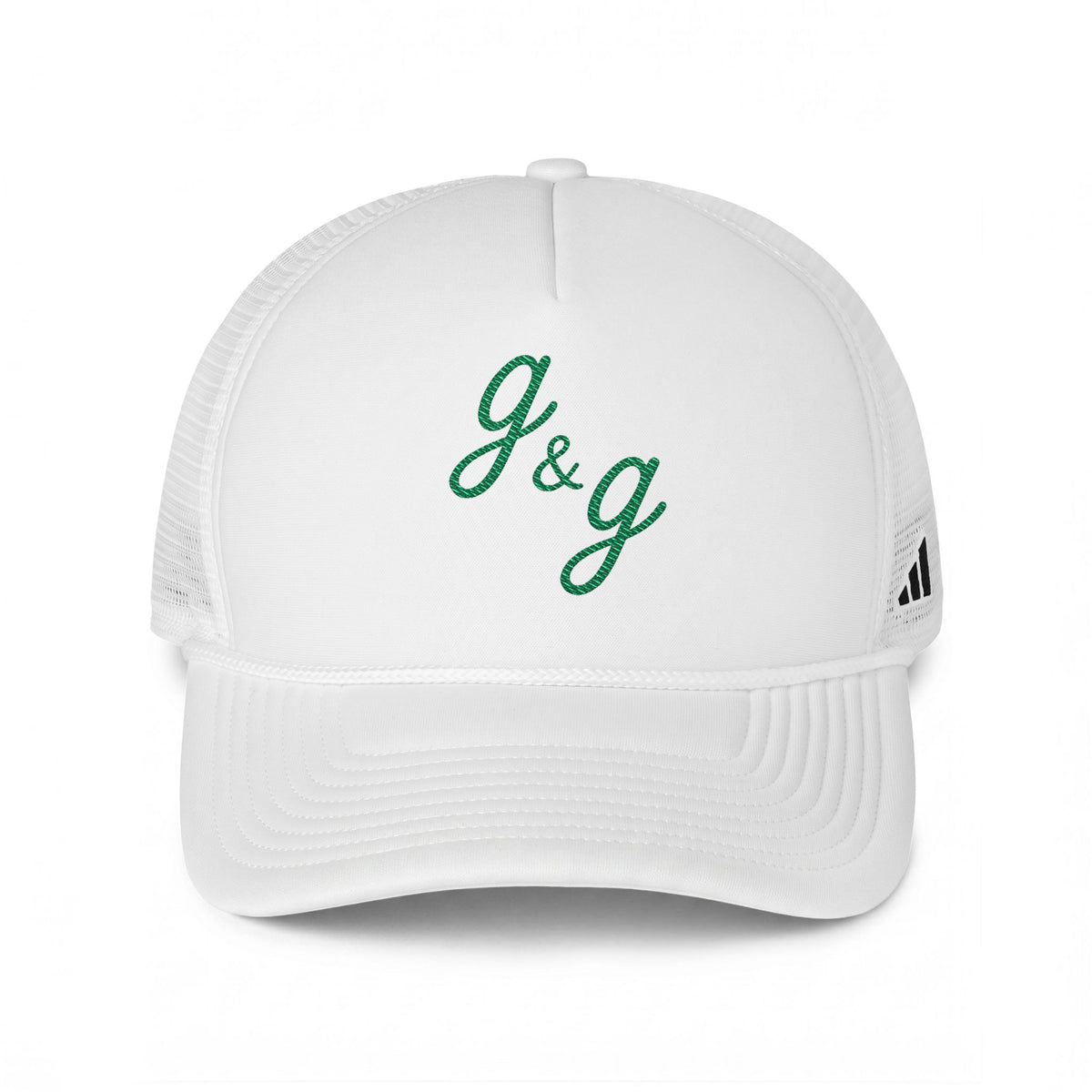 Adidas Green White of G&G Script Embroidered Trucker Hat — Black Mesh Baseball Cap
