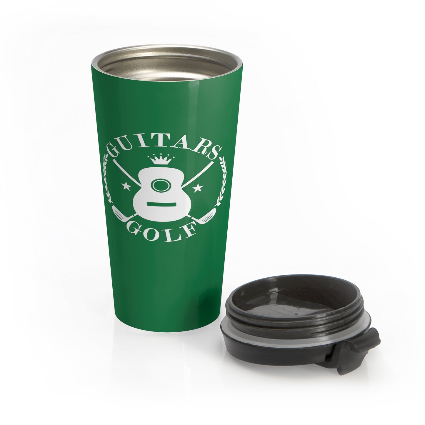 "Guitars and Golf" White Logo Stainless Steel Travel Mug Color of Your Choice