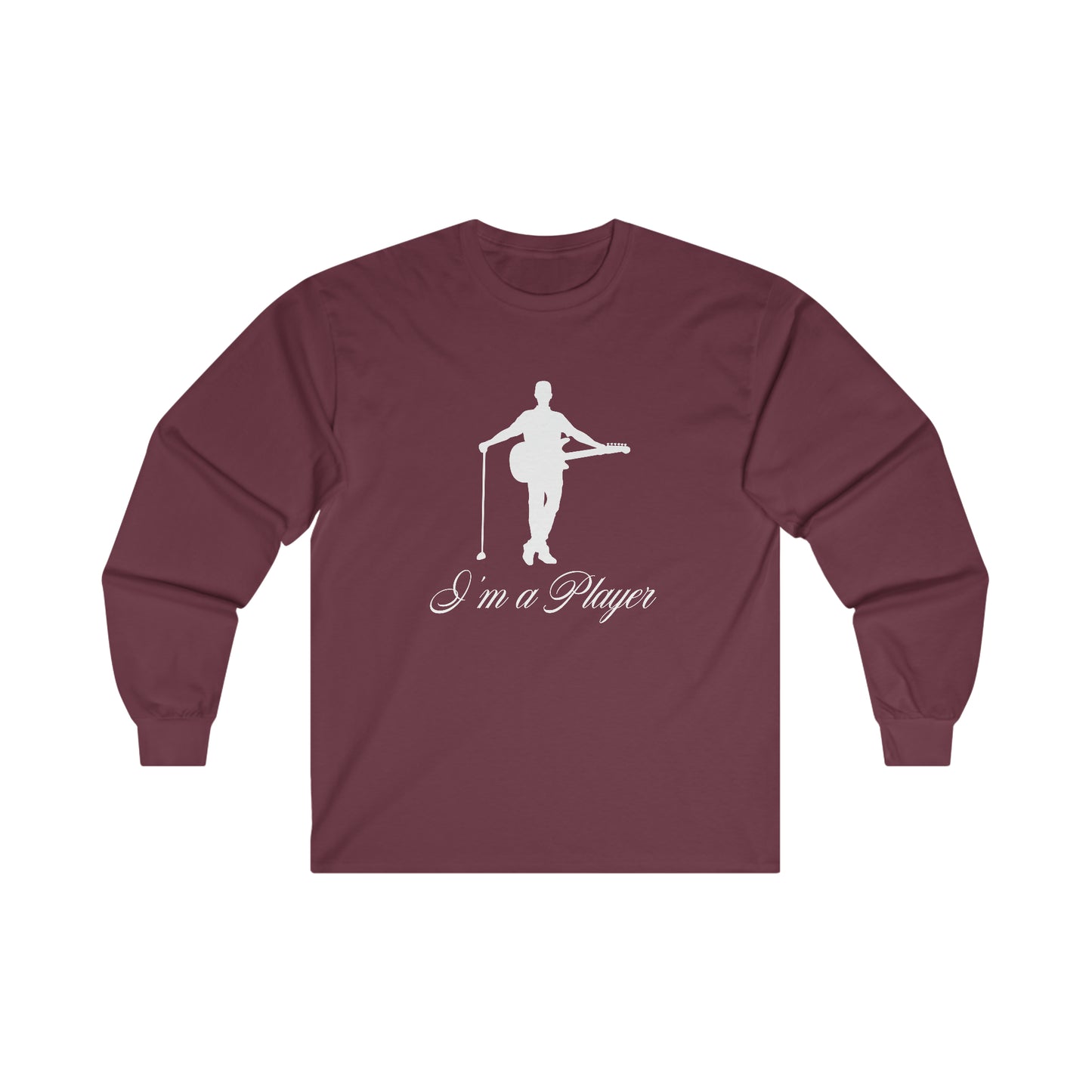 "I'm a Player" Guitar & Golf Guy White Front/Logo Back on Your Color Choice Ultra Cotton Long Sleeve Tee