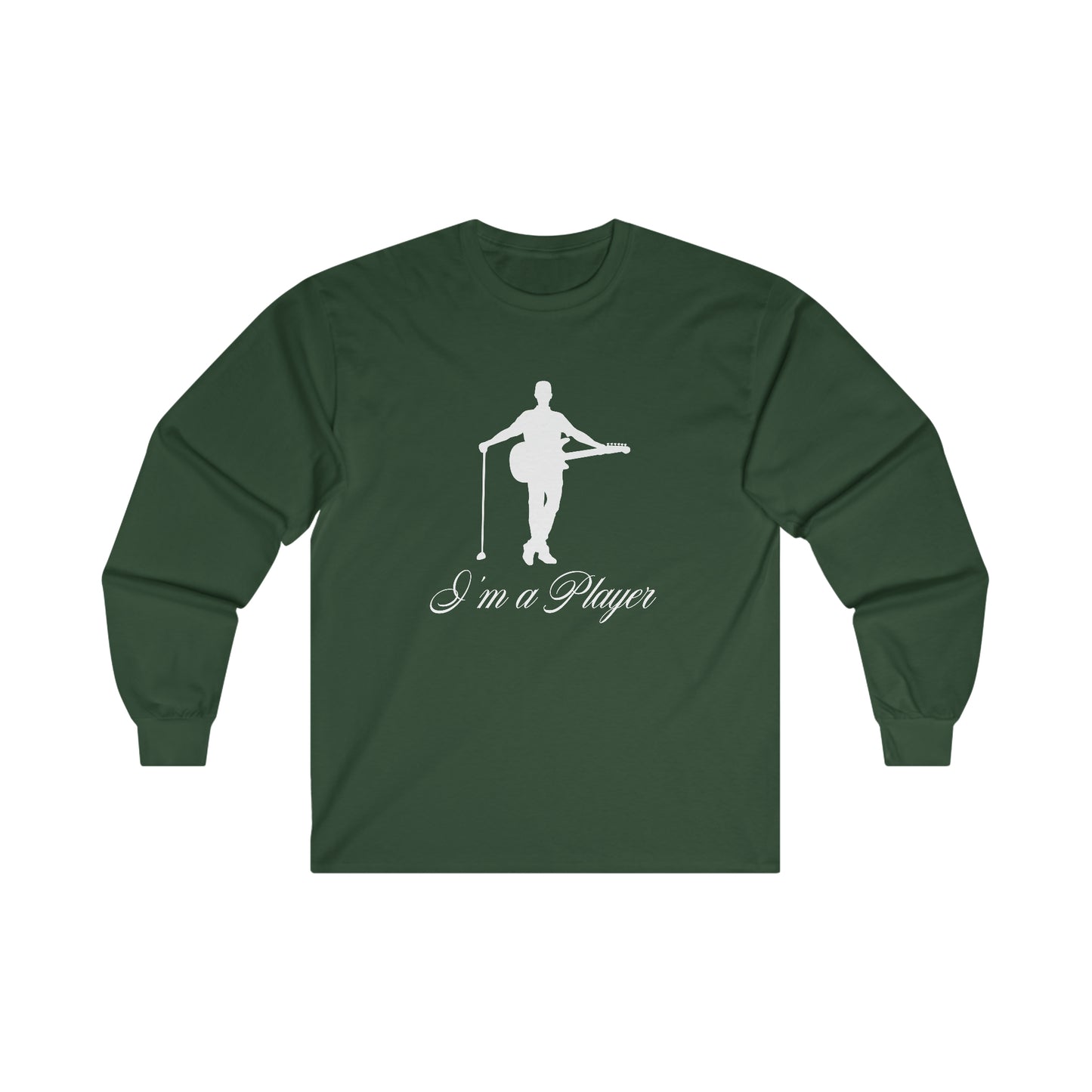 "I'm a Player" Guitar & Golf Guy White Front/Logo Back on Your Color Choice Ultra Cotton Long Sleeve Tee