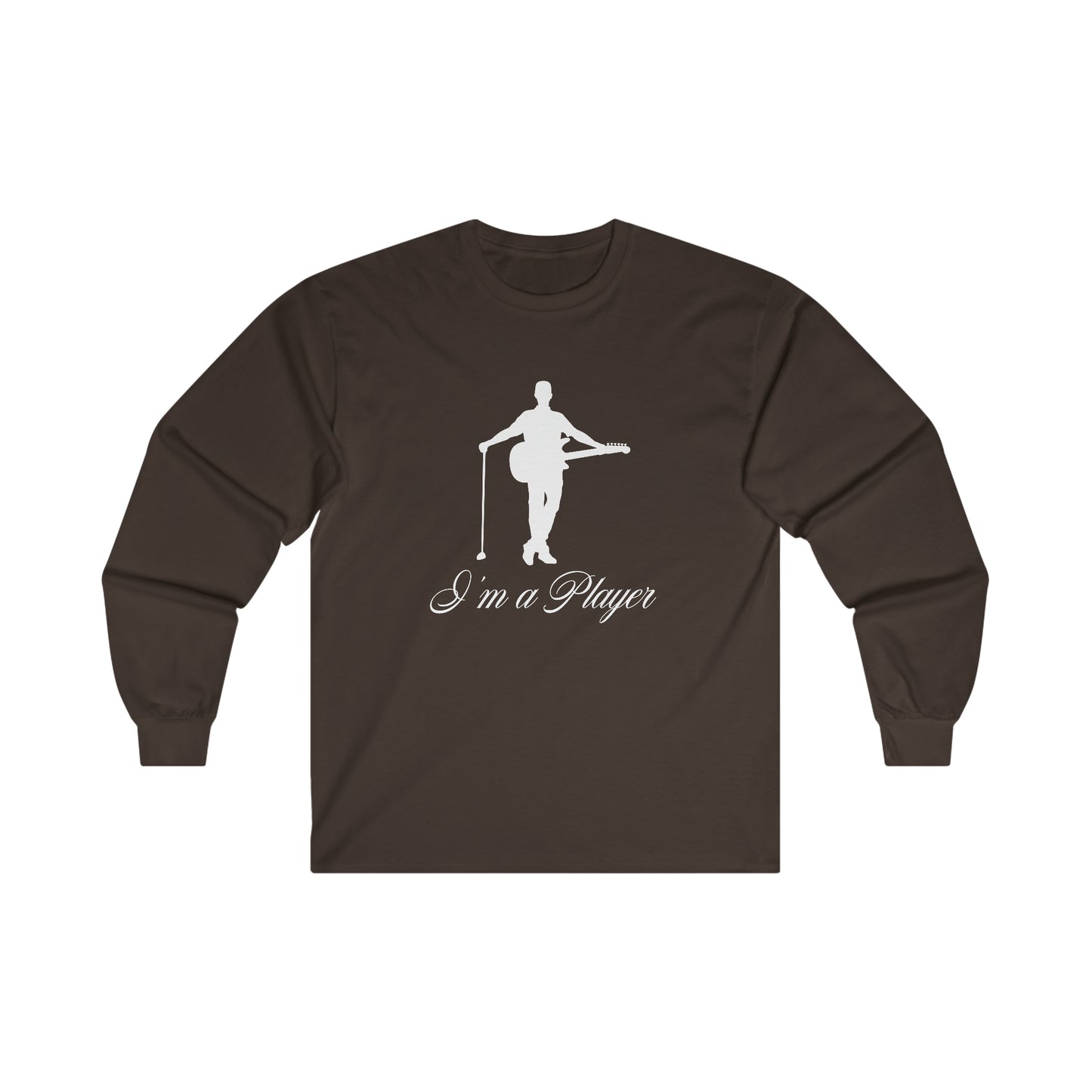 "I'm a Player" Guitar & Golf Guy White Front/Logo Back on Your Color Choice Ultra Cotton Long Sleeve Tee