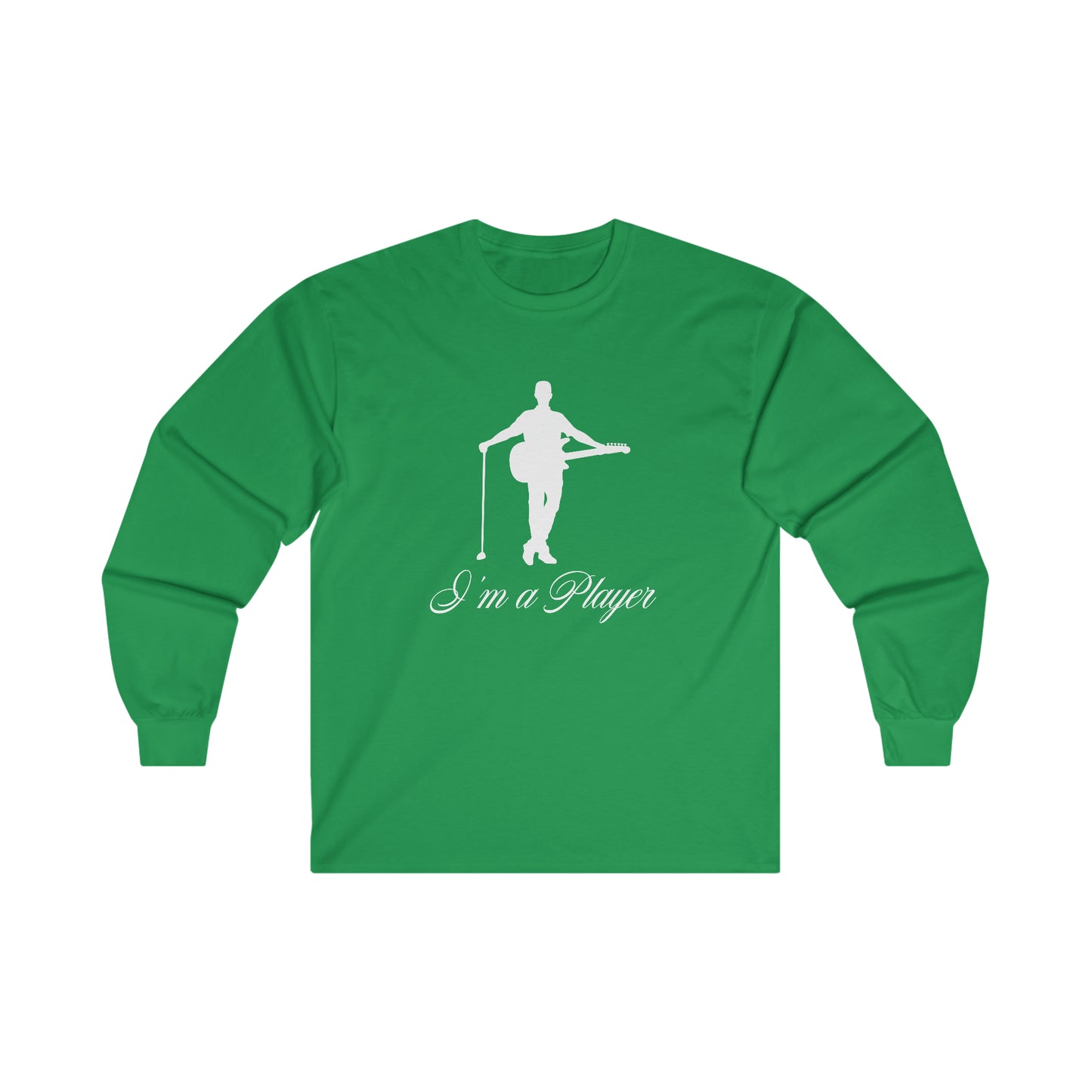 "I'm a Player" Guitar & Golf Guy White Front/Logo Back on Your Color Choice Ultra Cotton Long Sleeve Tee