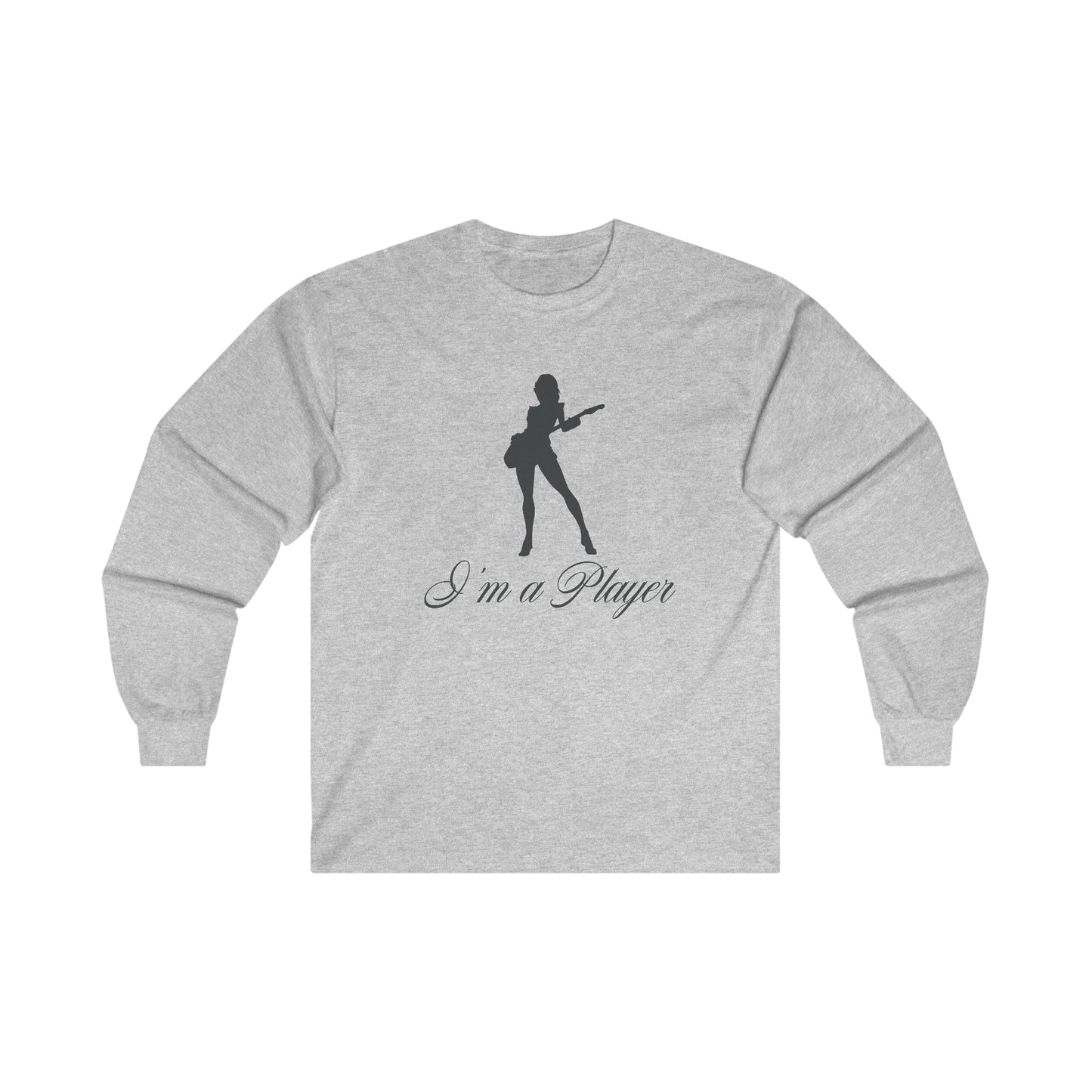 "I'm a Player" Guitar Girl Black Front/Logo Back on Your Color Choice Ultra Cotton Long Sleeve Tee