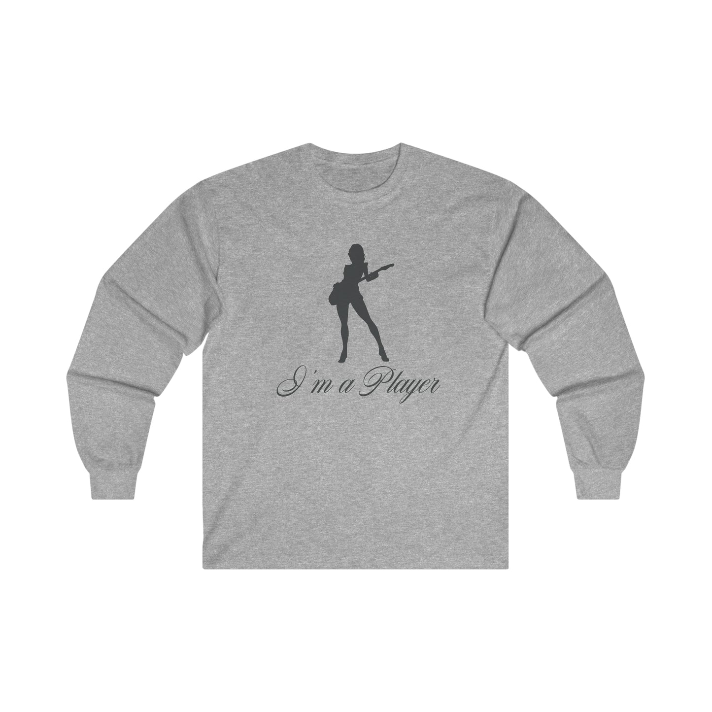 "I'm a Player" Guitar Girl Black Front/Logo Back on Your Color Choice Ultra Cotton Long Sleeve Tee