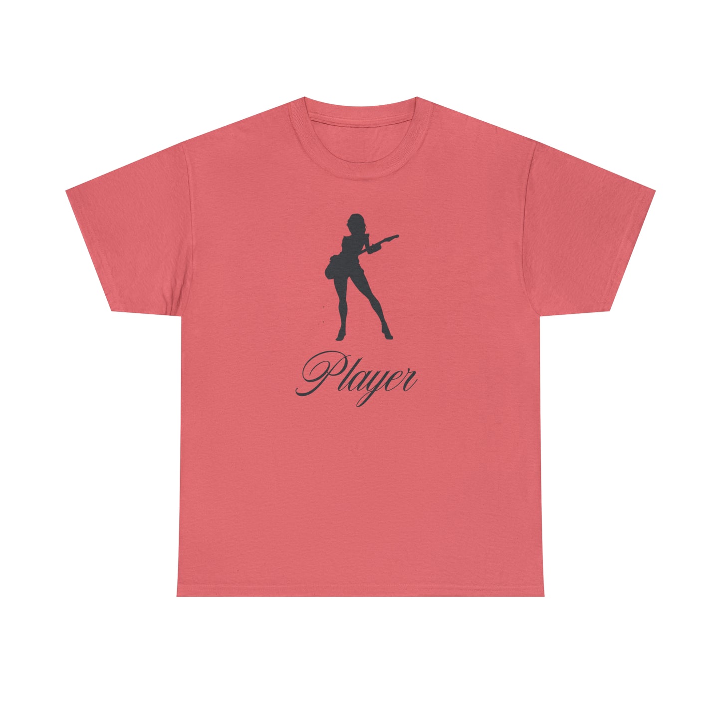 "Player" Guitar Girl, Black Front/Logo Back on Your Color of Choice Unisex Heavy Cotton Tee