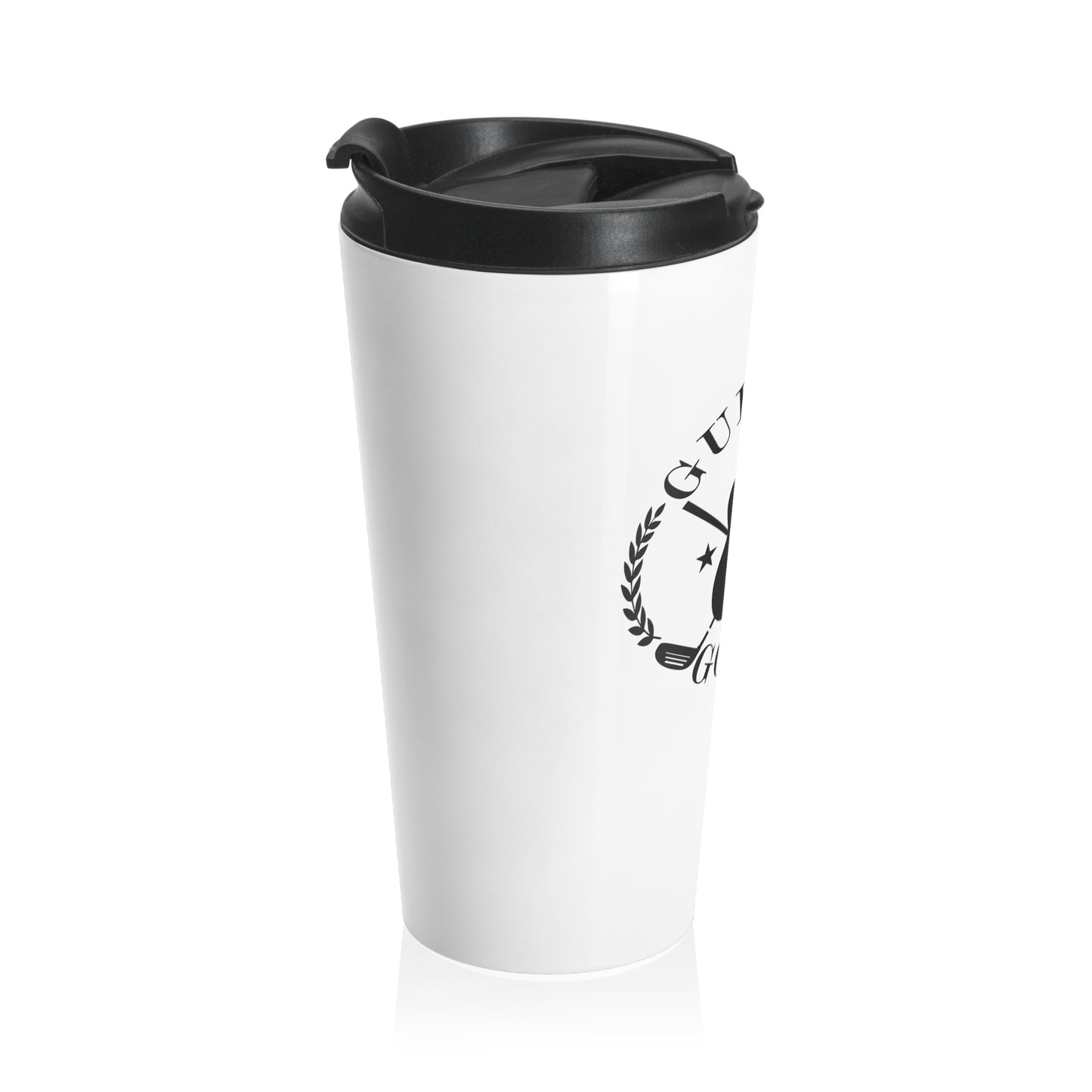 "Guitars and Golf" Black Logo on White Stainless Steel Travel Mug