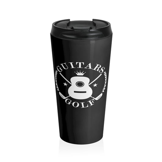 "Guitars and Golf" White Logo on Black Stainless Steel Travel Mug