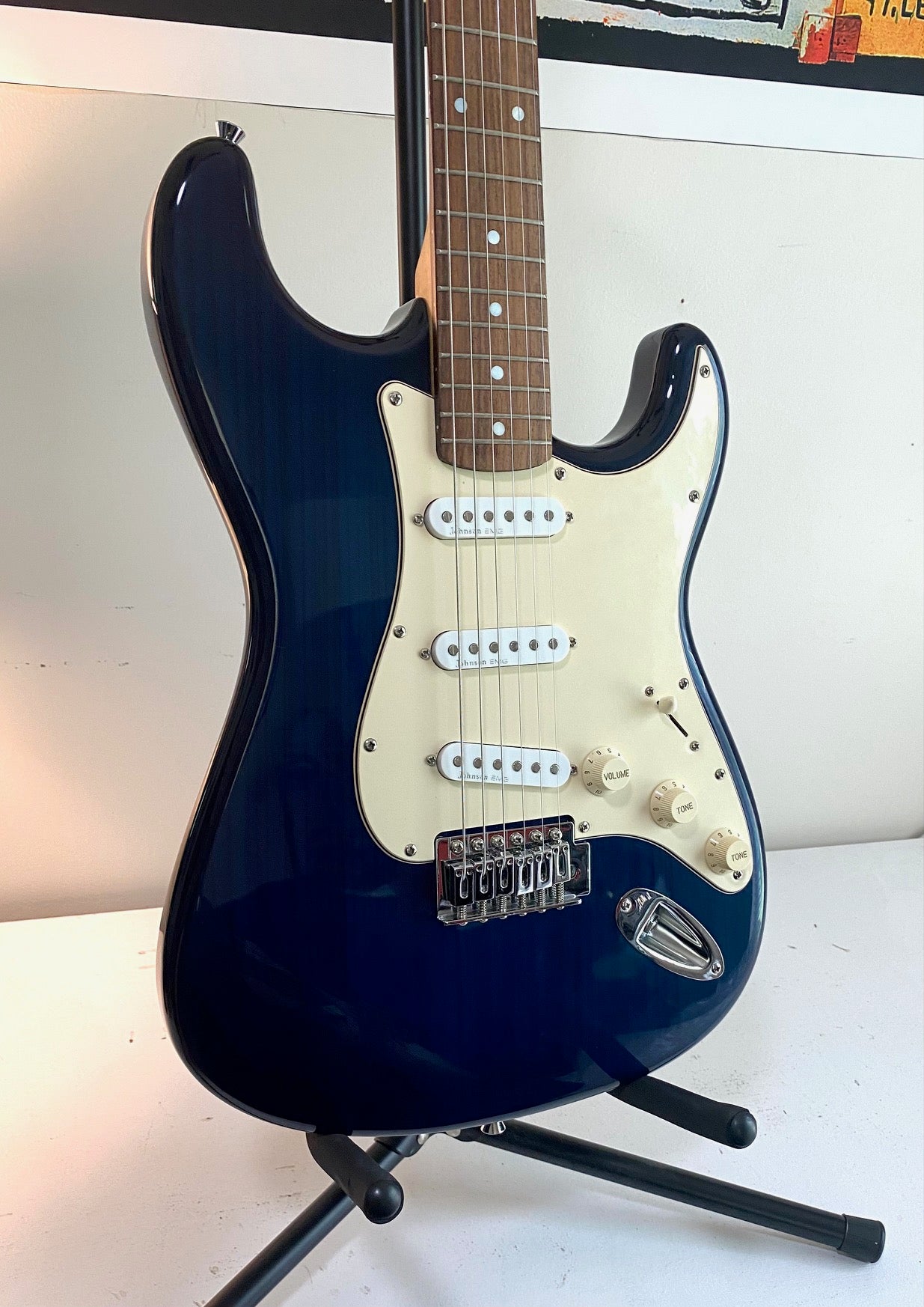 Johnson Strat Deep Transparent Blue Electric Guitar with EMG Pickups