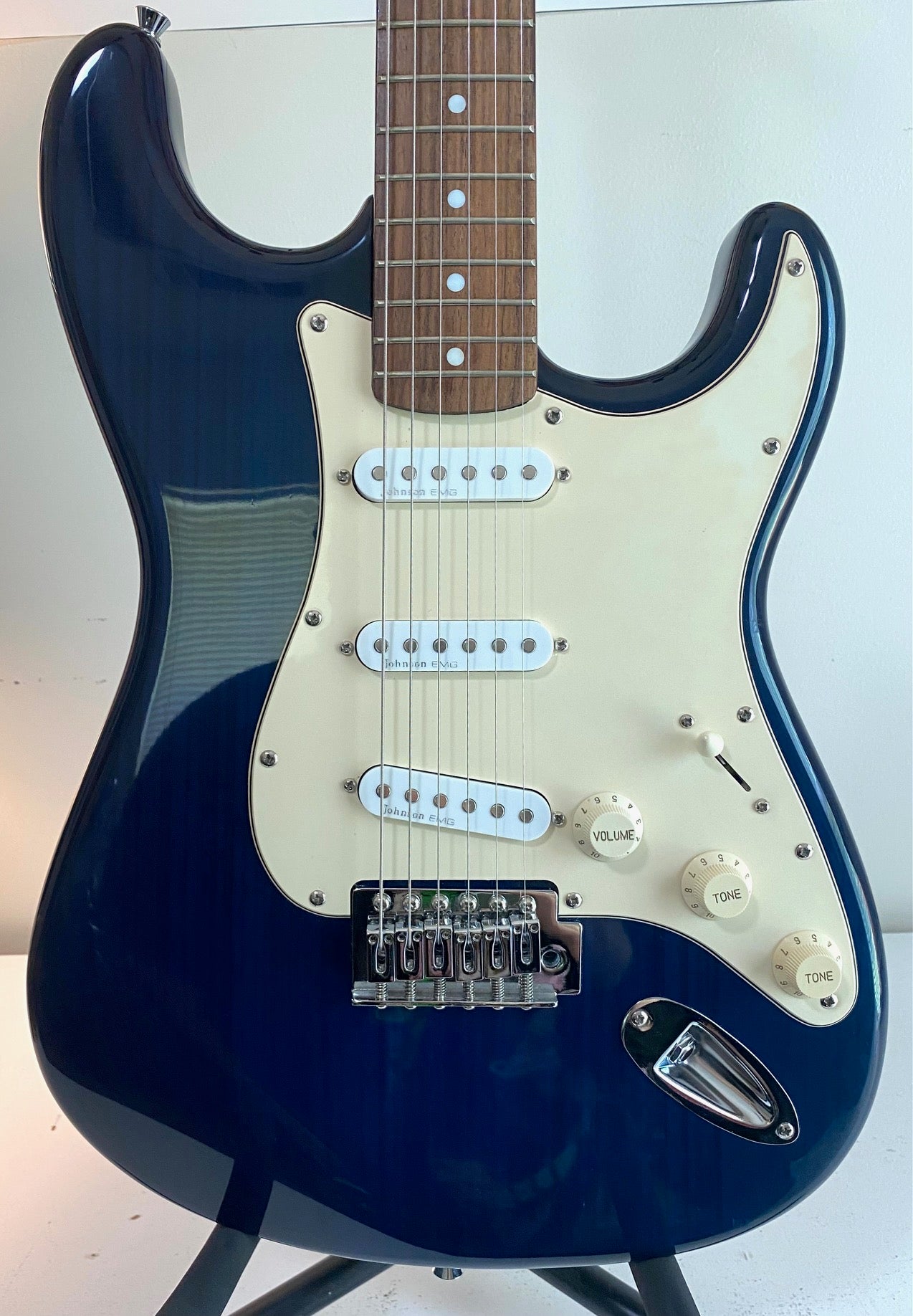 Johnson Strat Deep Transparent Blue Electric Guitar with EMG Pickups