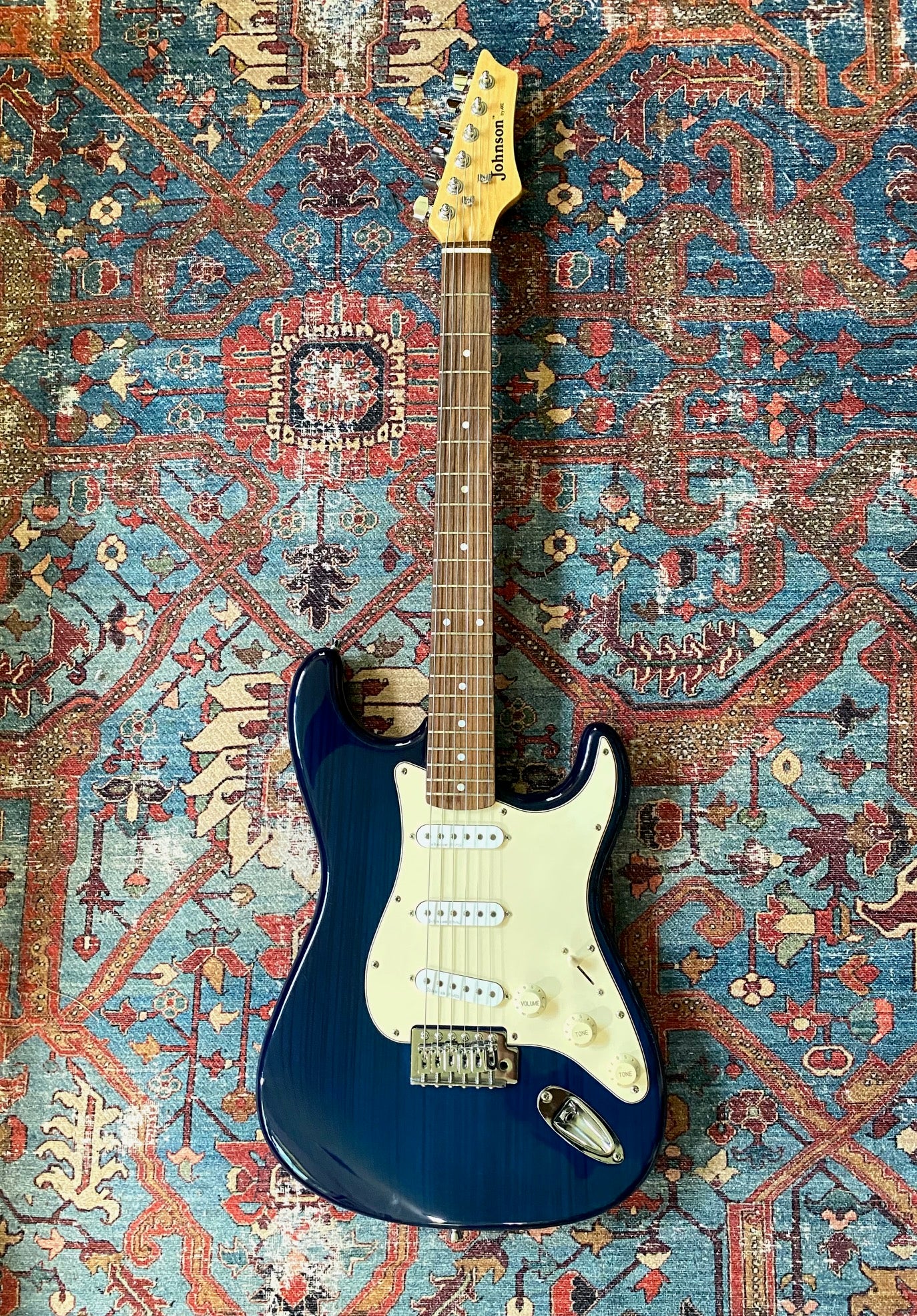 Johnson Strat Deep Transparent Blue Electric Guitar with EMG Pickups