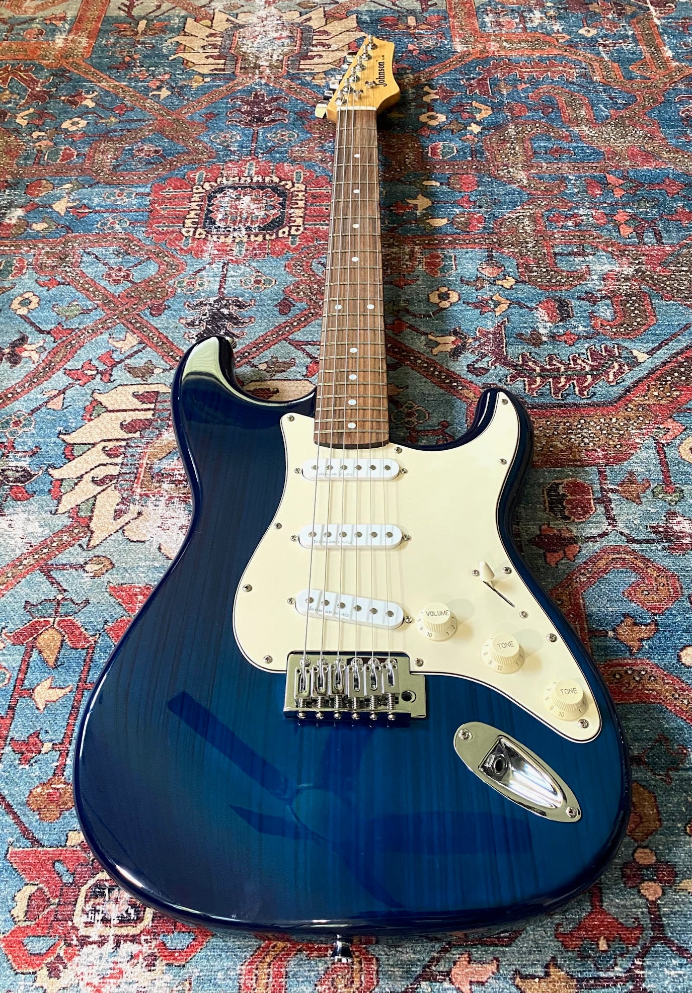 Johnson Strat Deep Transparent Blue Electric Guitar with EMG Pickups