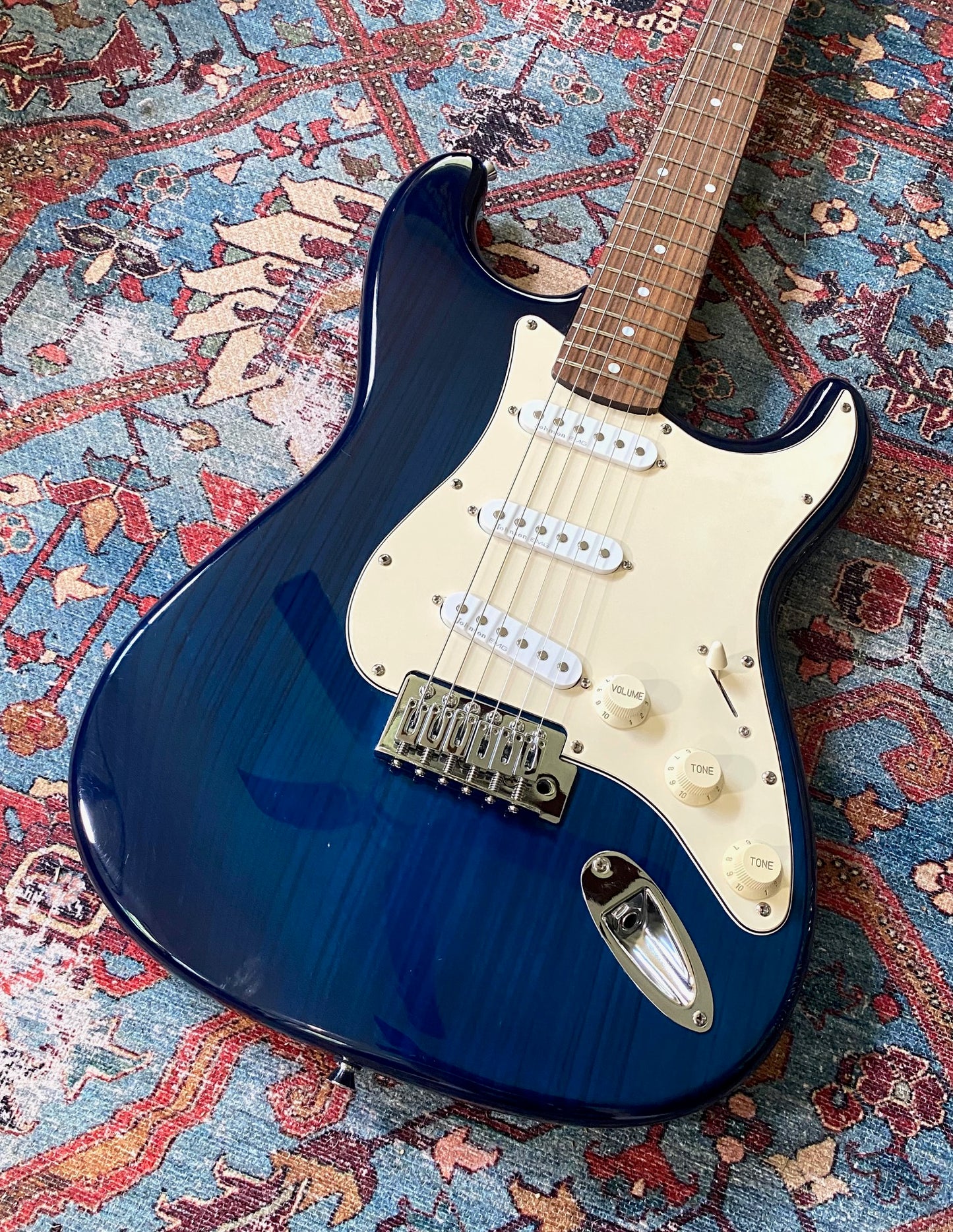 Johnson Strat Deep Transparent Blue Electric Guitar with EMG Pickups