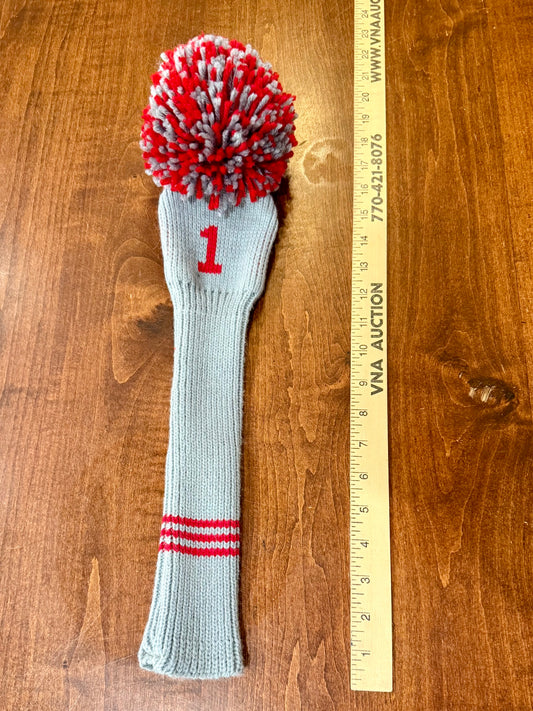The "Giant" Vintage Pom-Pom Knit Driver Cover GREY/RED. NEW NOS