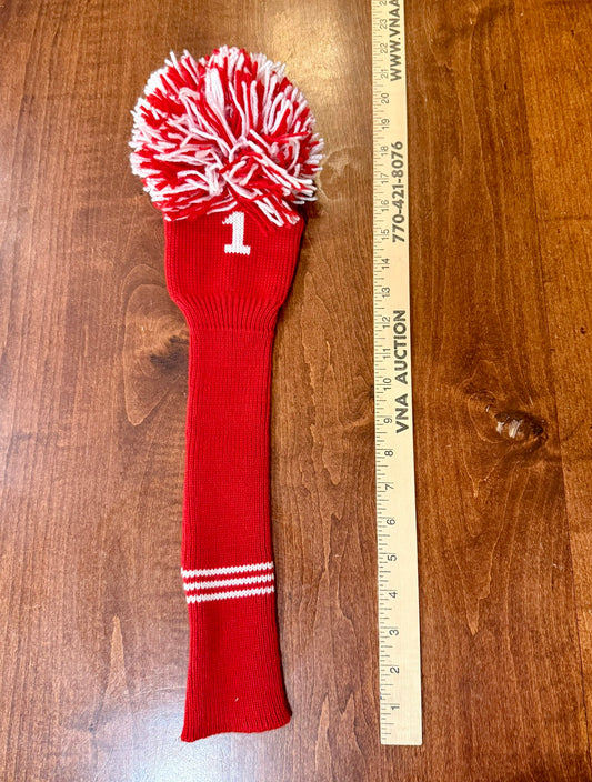 The "Giant" Vintage Pom-Pom Knit Driver Cover RED/WHITE. NEW NOS