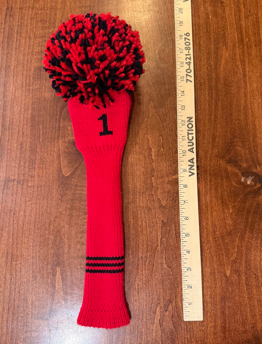 The "Giant" Vintage Pom-Pom Knit Driver Cover RED/BLACK. NEW NOS