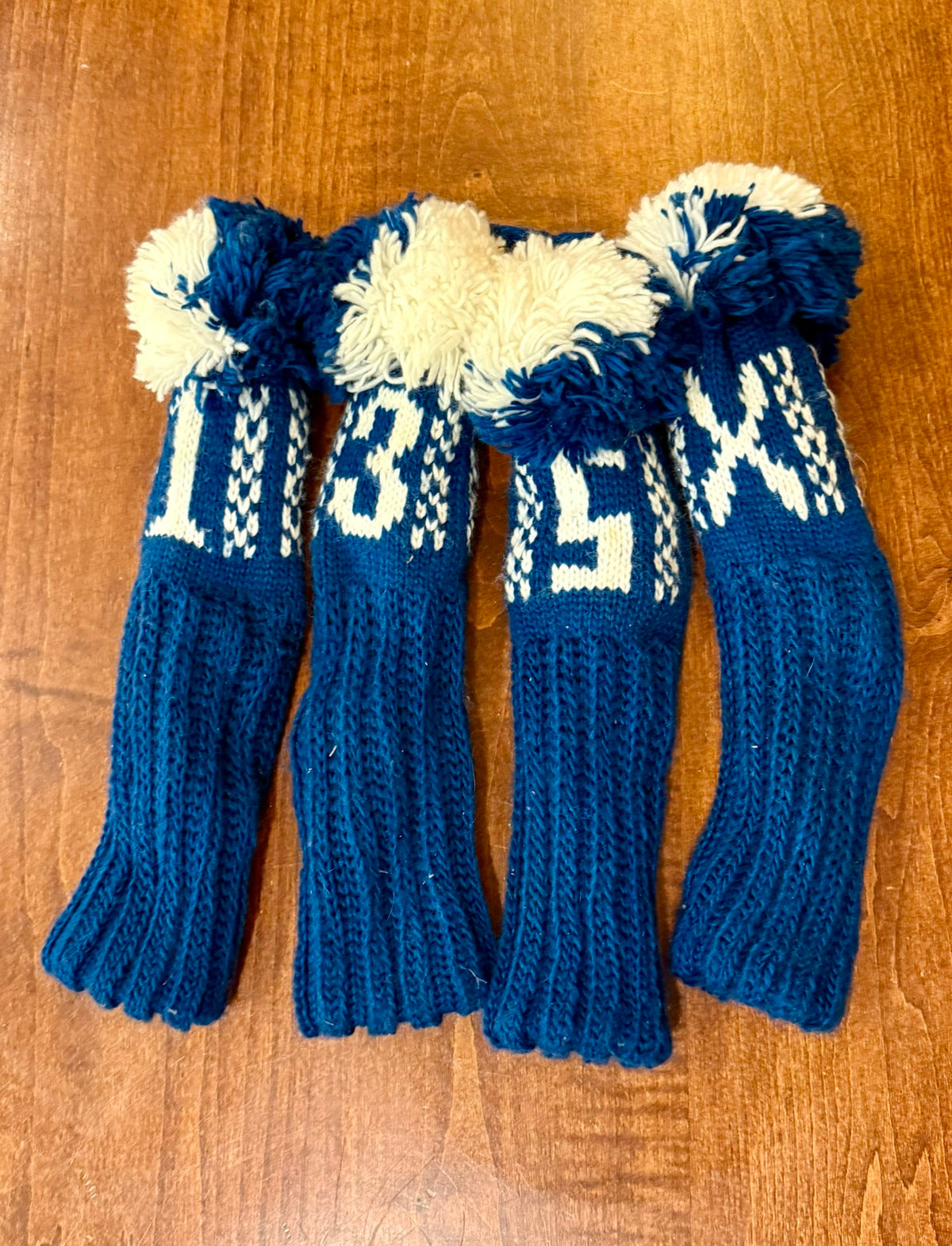 Vintage Knit Set of Blue & White Pom-Pom Golf Club Covers 1,3,5,X