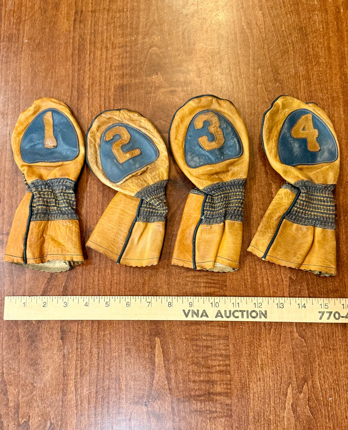Vintage Early/Mid-Century Leather Set of Golf Clubhead Covers 1,2,3,4