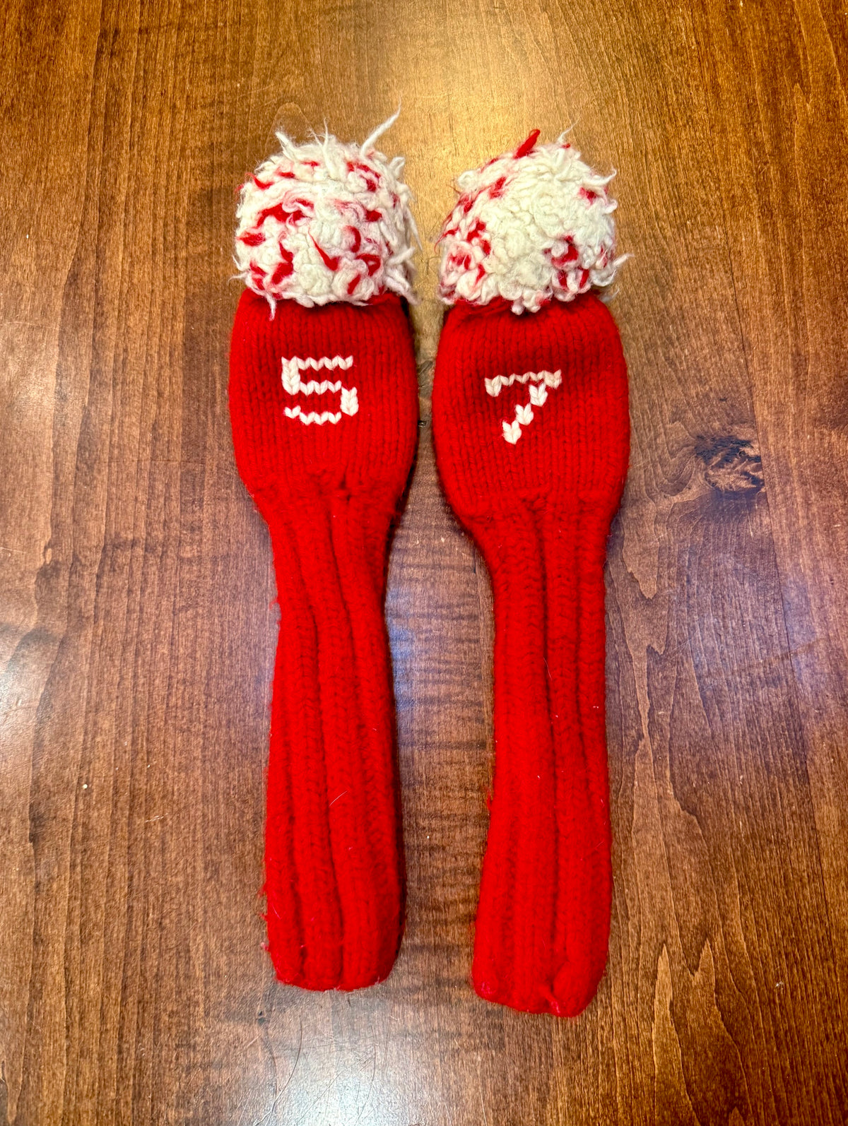 Vintage Pom-Pom Red/White Knit Club Headcover Set of 2 (5 & 7)