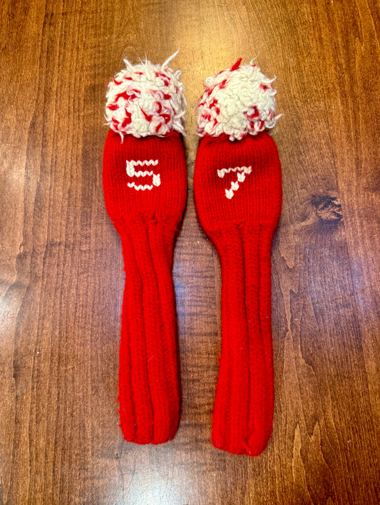 Vintage Pom-Pom Red/White Knit Club Headcover Set of 2 (5 & 7)
