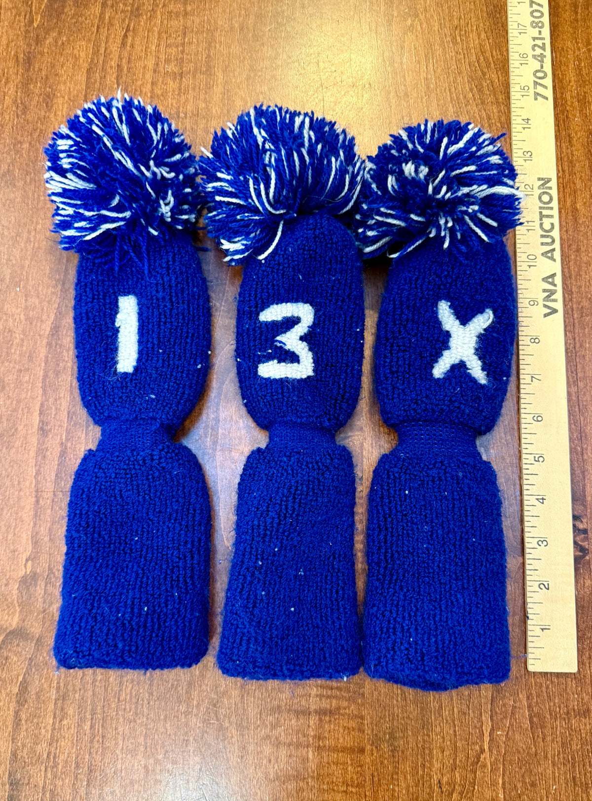 Vintage Blue & White Knit 1, 3 & X Pom-Pom Club Headcovers