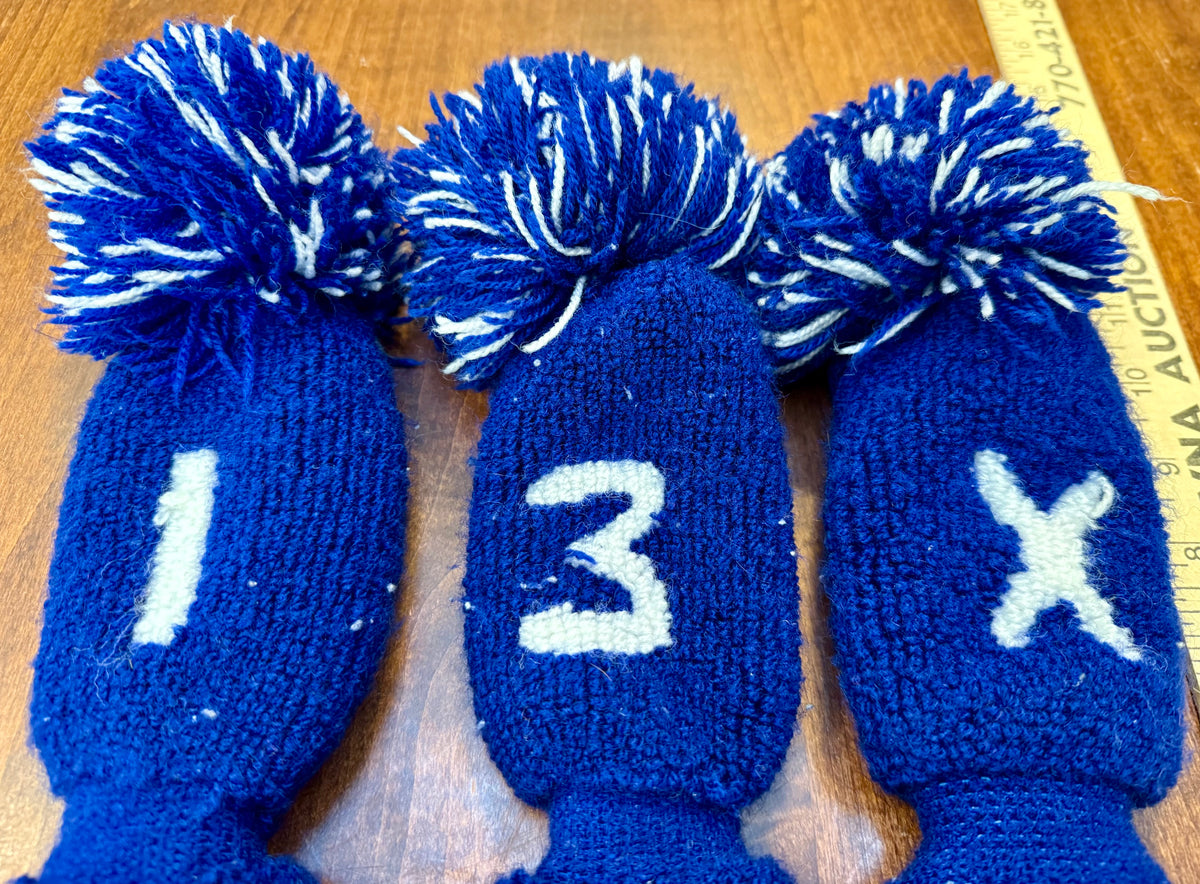 Vintage Blue & White Knit 1, 3 & X Pom-Pom Club Headcovers