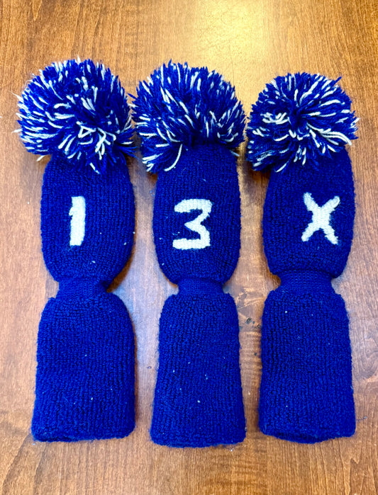Vintage Blue & White Knit 1, 3 & X Pom-Pom Club Headcovers