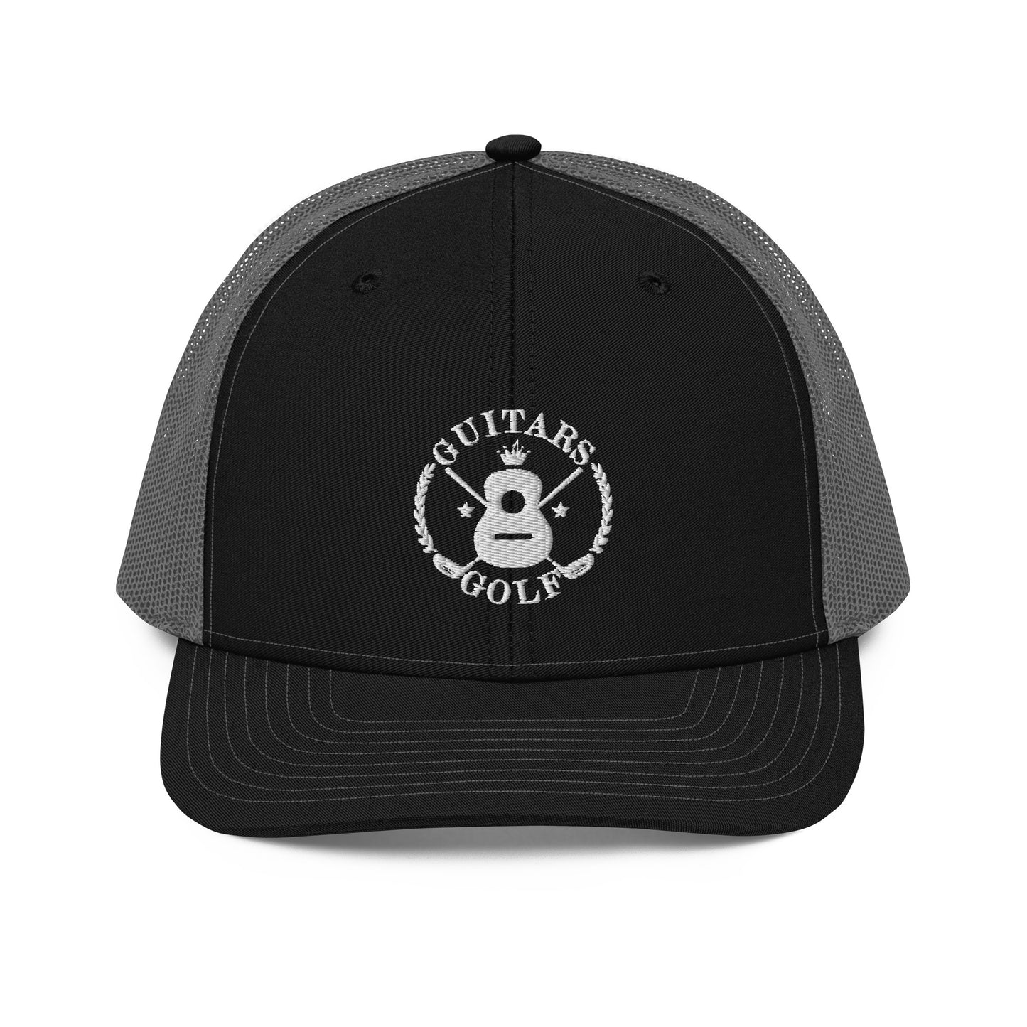 "Guitars and Golf" Embroidered Richardson White Logo Trucker Cap/Hat on Your Color Choice