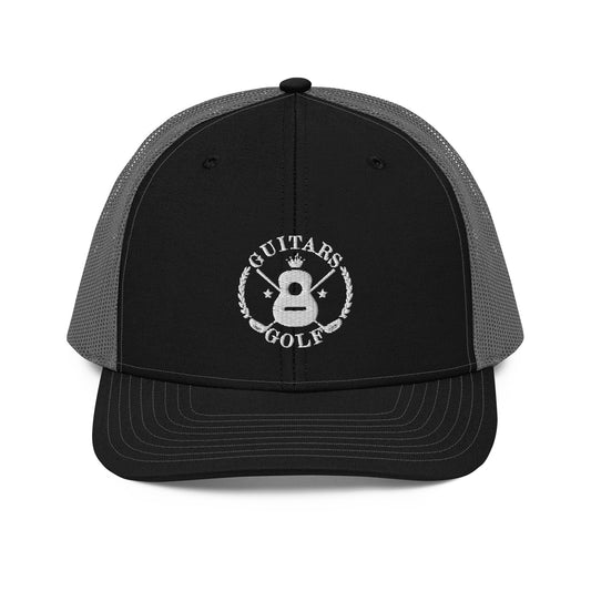 "Guitars and Golf" Embroidered Richardson White Logo Trucker Cap/Hat on Your Color Choice