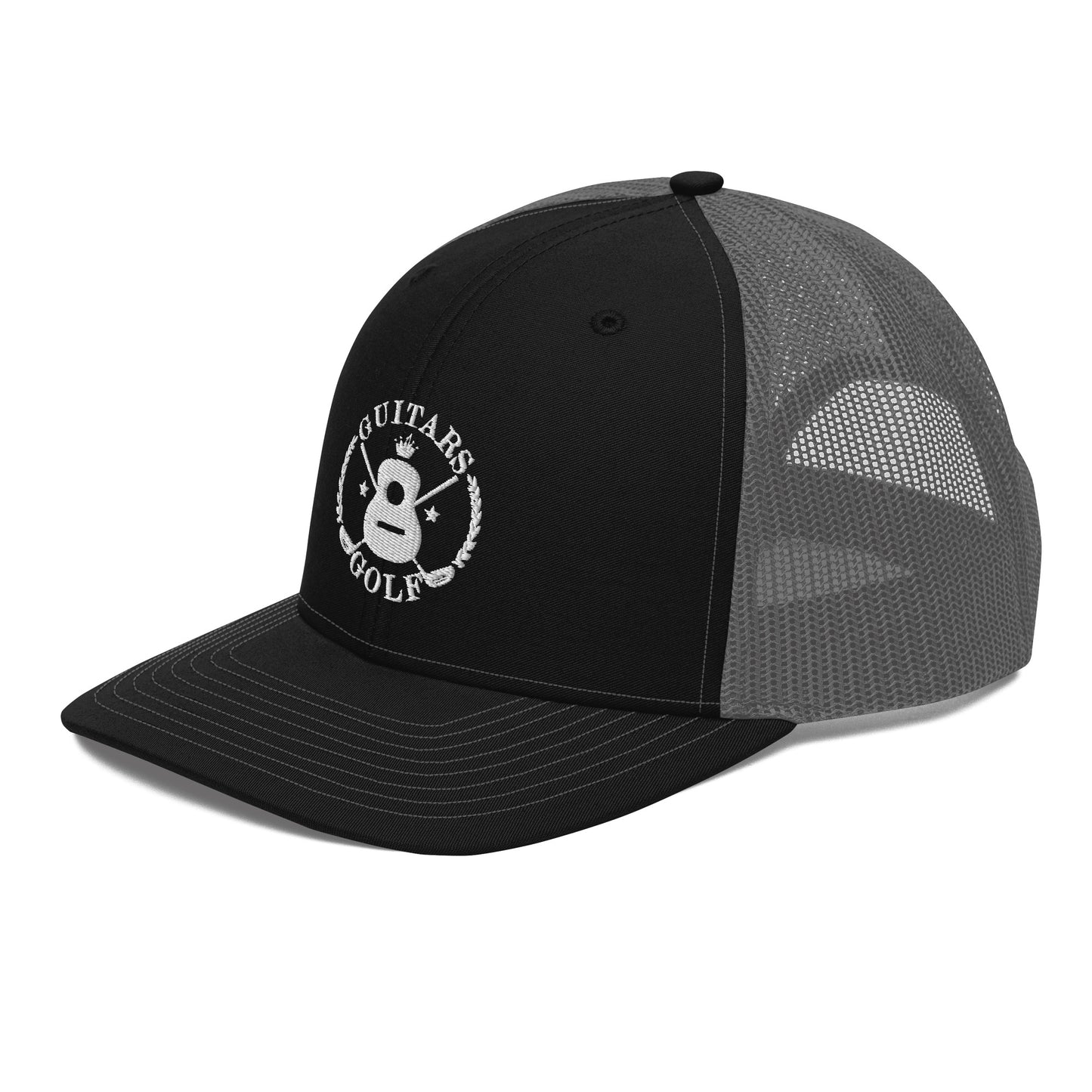 "Guitars and Golf" Embroidered Richardson White Logo Trucker Cap/Hat on Your Color Choice