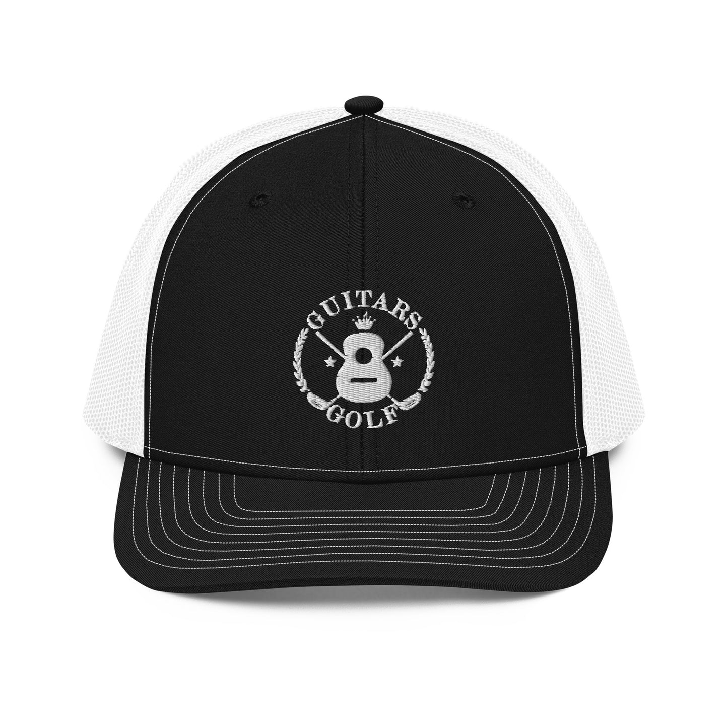 "Guitars and Golf" Embroidered Richardson White Logo Trucker Cap/Hat on Your Color Choice