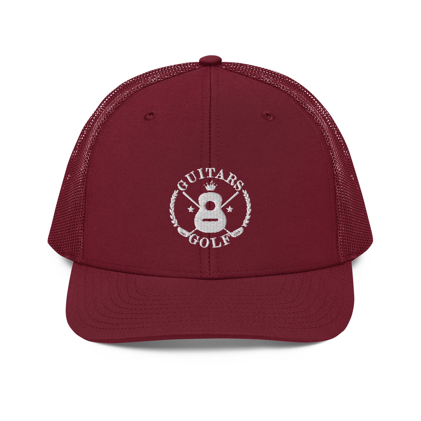 "Guitars and Golf" Embroidered Richardson White Logo Trucker Cap/Hat on Your Color Choice