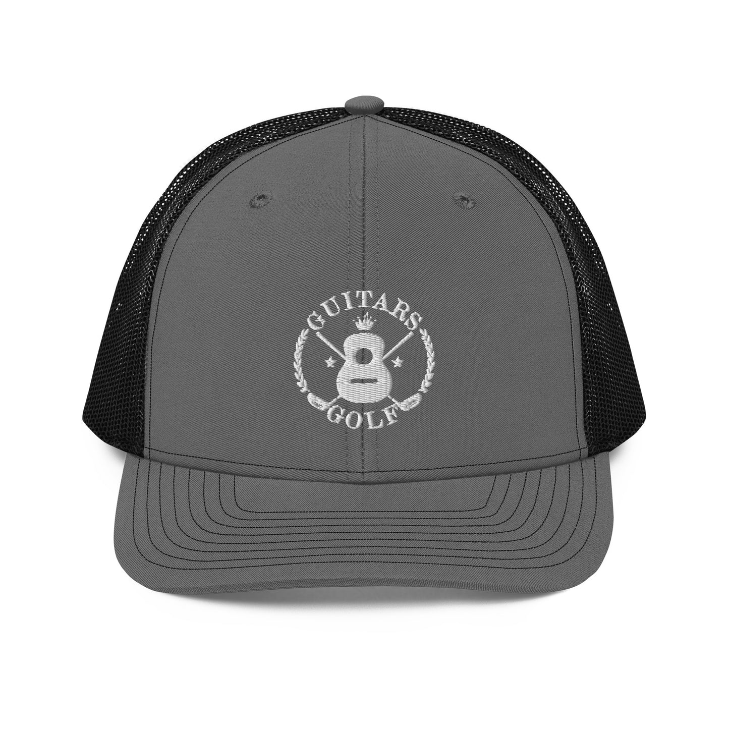 "Guitars and Golf" Embroidered Richardson White Logo Trucker Cap/Hat on Your Color Choice